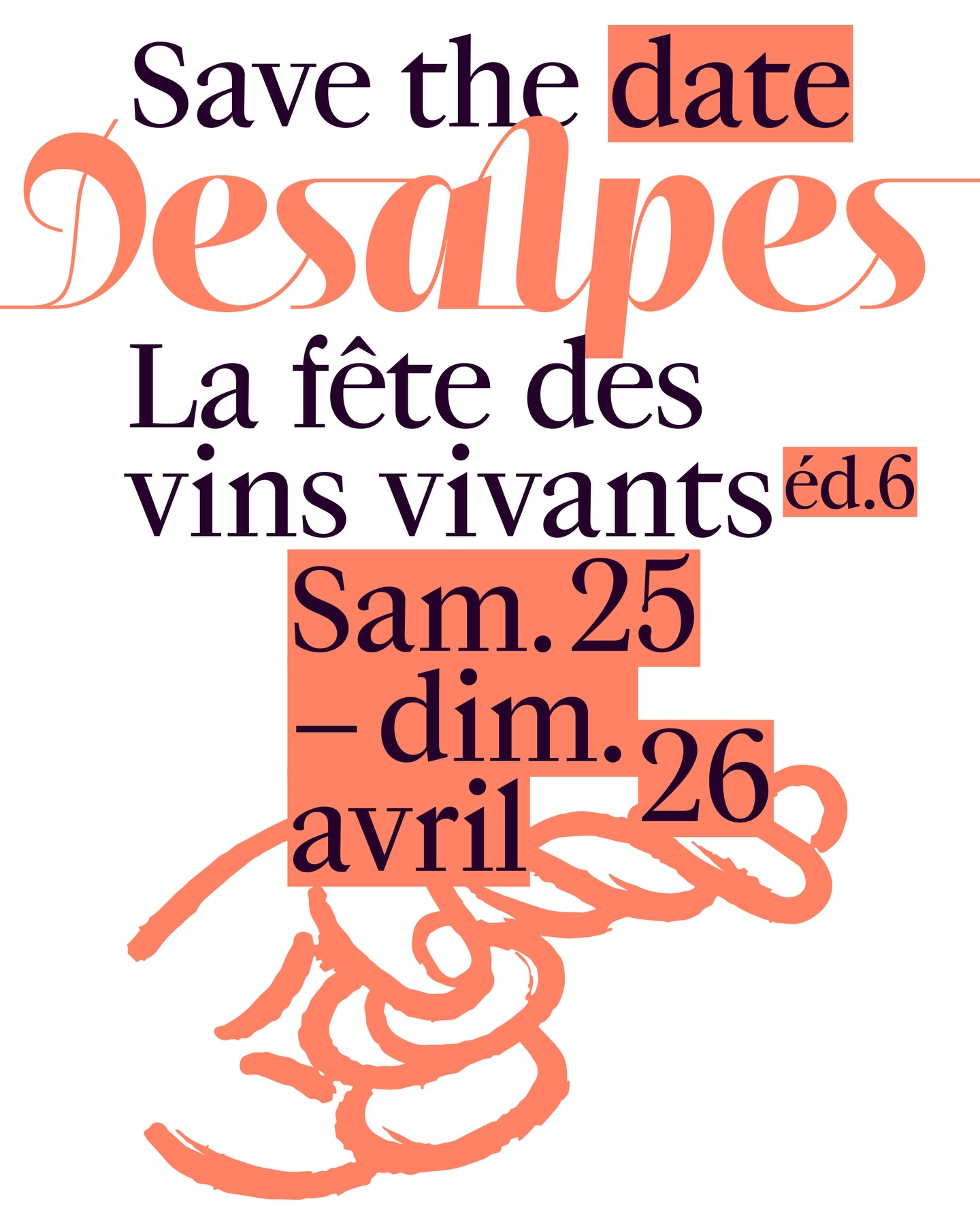 AMI•ES,
Nous sommes de retour! Au programme: un salon désormais sur deux jours(!!!) et des réflexions pour améliorer l’accessibilité, la communication et l’organisation de l’événement.
Desalpes, la fête des vins vivants, aura donc lieu le samedi 25 et le dimanche 26 avril 2026.
Vous retrouverez évidemment une quarantaine de vigneron•ne•s de Suisse, d’Italie, de France et même d’Autriche, de la nourriture locale et rassurante ainsi que des conférences durant ce week-end.
Concernant la soirée, suite au succès de l’année dernière, on remet le couvert:
un menu façon grande tavolata alpine, préparé par l’équipe de cuisine de l’Auberge de l’Abbaye de Montheron, vins à discrétion.
Le repas sera servi dans une atmosphère à la fois vivante et intime sur de grandes tables, en compagnie des vigneron•ne•s du salon.
Afin de bien terminer la soirée, quelques DJ’s seront là pour vous dégourdir les jambes. Attention, les places sont limitées, prenez vos billets assez tôt!
Desalpes, c’est le week-end dédié aux producteur•ice•s responsables, aux bons produits, à la fête, à la musique, aux mots, aux débats, à la vie.
À vos agendas! Ouverture de la billetterie le 24 février 2026 sur salondesalpes.ch.
On se réjouit de vous (re)voir.
Amour, santé.
L’ÉQUIPE DESALPES