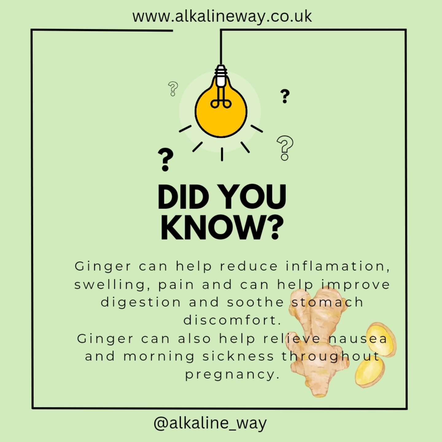 Did you know ???
.
.
ginger can help reduce inflamation swelling and can help improve digestion and soothe
stomach discomfort.
.
.
Ginger is also known to help relieve nausea and morning sickness throughout pregnancy.
.
.
.
#alkalineway #healthyfood #ginger #healthywellbeing #roots #veganinformation #organic #didyouknow