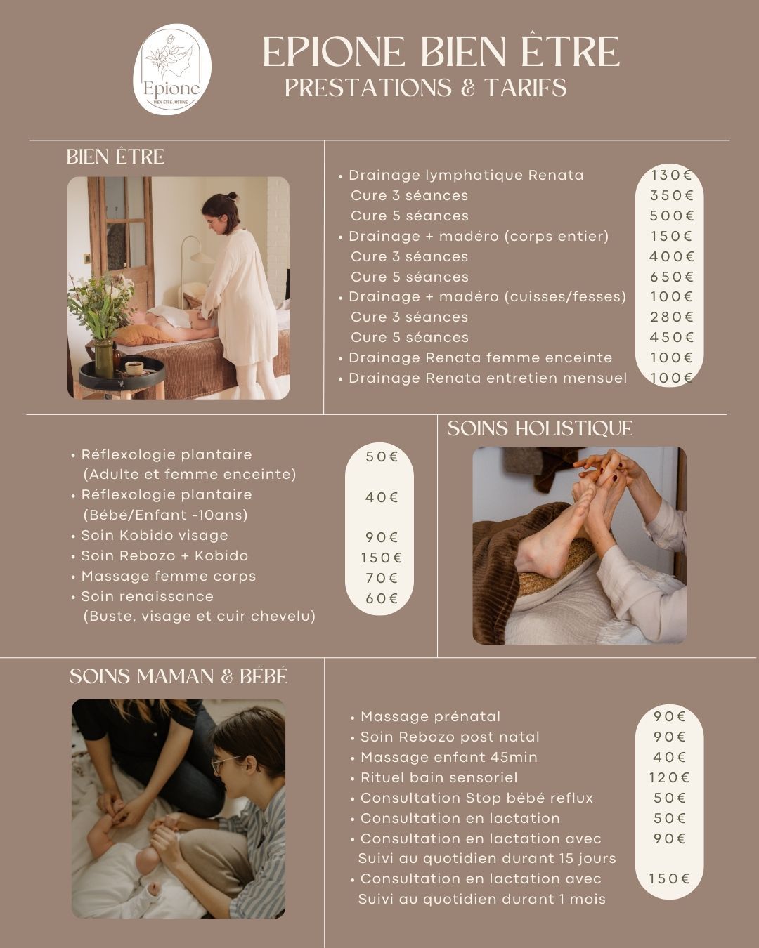 🌿 Nouvelle carte des soins chez Epione Bien-Être 🌿
De la douceur, du lâcher-prise, des mains qui apaisent, des rituels pensés pour le corps et le cœur…
Je suis heureuse de vous dévoiler ma nouvelle carte de soins ✨
Massages prénataux 🤰
Réflexologie plantaire & périnatale 👣
Drainage & détente profonde 💆♀️
Rituels sensoriels pour bébés 🤍
NOUVEAUTÉ Soin renaissance : visage & buste ✨
Et bien d’autres invitations au bien-être…
Chaque soin a été créé pour vous offrir une parenthèse, un temps suspendu, un moment pour respirer, se reconnecter et se sentir mieux dans son corps.
👇 Story permanente pour découvrir toutes les prestations
📅 Réservation par message ou via le lien en bio
📍 Epione Bien-Être
Et si c’était le moment de prendre soin de vous ? 🌸