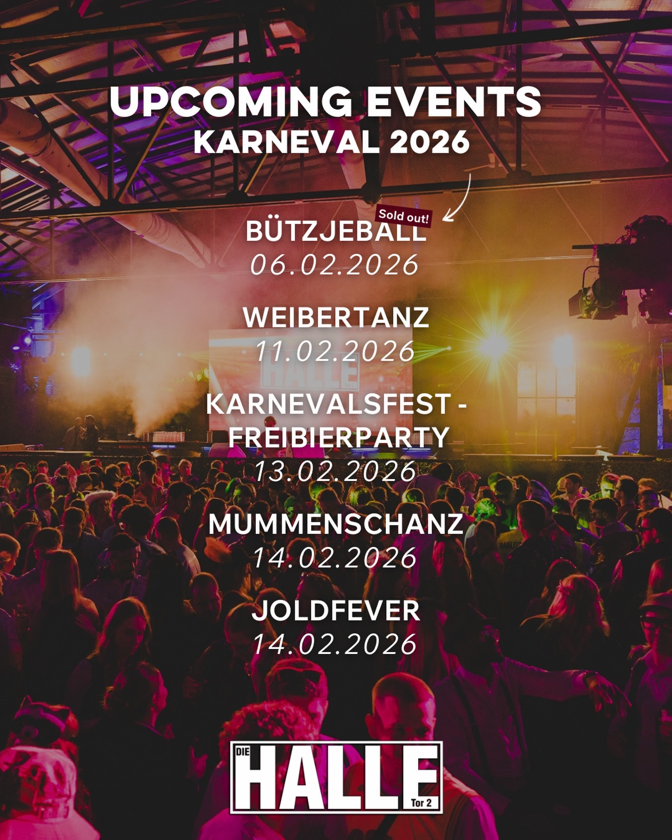 ⬇️upcoming Karneval Events⬇️
06.02.| Bützjeball | 🎟️ sold out!
11.02. | Weibertanz | 🎟️ still available!
13.02. | Karnevalsfreibierparty | 🎟️ still available!
⭐️Reminder: 45€ for free Kölsch, Wein, Softdrinks⭐️
14.02. | Mummenschanz | 🎟️ still available!
14.02. | Joldfever | 🎟️ still available!
🔗 Link zu den Tickets findet ihr unsere Bio!