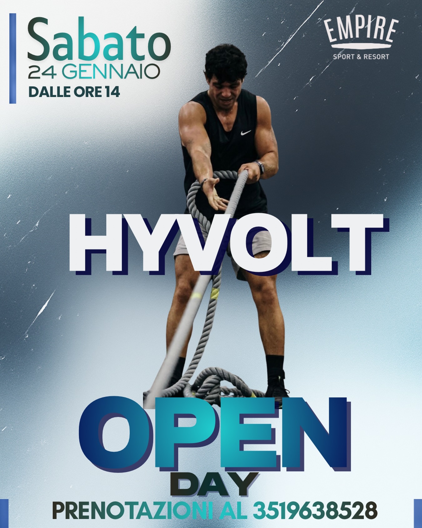 ⚡ HYVOLT OPEN DAY⚡️
HYVOLT, l’allenamento ad alta intensità che combina forza, potenza e resistenza per un’esperienza unica 🔥
📅 Sabato 24 Gennaio
⏰ Dalle ore 14:00
📍 Empire Sport & Resort
👉 Vieni a provare, mettiti alla prova e scopri un nuovo modo di allenarti.
📲 Prenotazioni al 351 9638528
#Hyvolt #OpenDay #EmpireSportResort #AllenamentoFunzionale #HighIntensity FitnessExperience NuovaSfida 💥