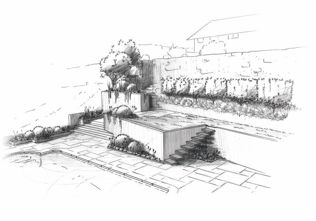 Projection à main levée, jardin privé à Gimel.
#landscaping #landscapedesign #begreen