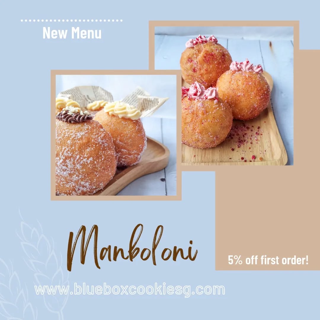Bluebox is back! Thank you to all our supporters who checked in with us many times and waited for us to finish our kitchen renovation!
During the break, we continued to try out new items and we are proud to introduce our new menu, the Manboloni!
Check out our website for the new menu, and our all time favourite cookies!
Remember to check out with promo code FIRSTCOOKIE5 for your first order to enjoy a 5% discount off total bill!