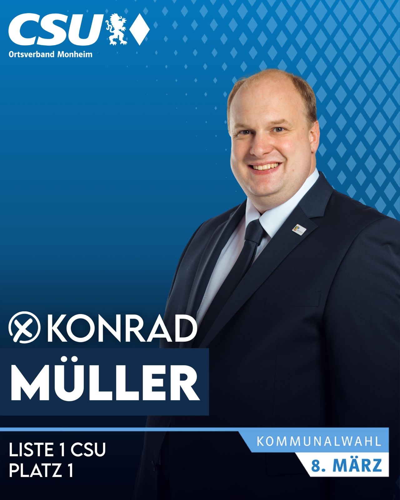 📣Wir stellen vor für den Stadtrat und Bürgermeister:
👤 Konrad Müller
🏛 Bürgermeisterkandidat
🏛 Stadtrat
🎂 34 Jahre | 💍 verheiratet
👷♂️ Bauleiter
🏡 Monheim
⛪ Diözesanrat (Bistum Eichstätt)
⛪ Kath. Kirchenverwaltung
🤝 Vorsitzender VdK Monheim
👨👩👧 Elternbeirat Kindergarten
🏛 CSU-Ortsvorsitzender
🚒 Feuerwehr Monheim
✈️ Reisen
🗳 Kommunalwahl 8. März
➡️ Liste 1 CSU – Platz 1 für den Stadtrat
➡️ Liste 1 CSU – Konrad Müller als Bürgermeister
#csu #monheim #bayern #stadtrat #kommunalwahl