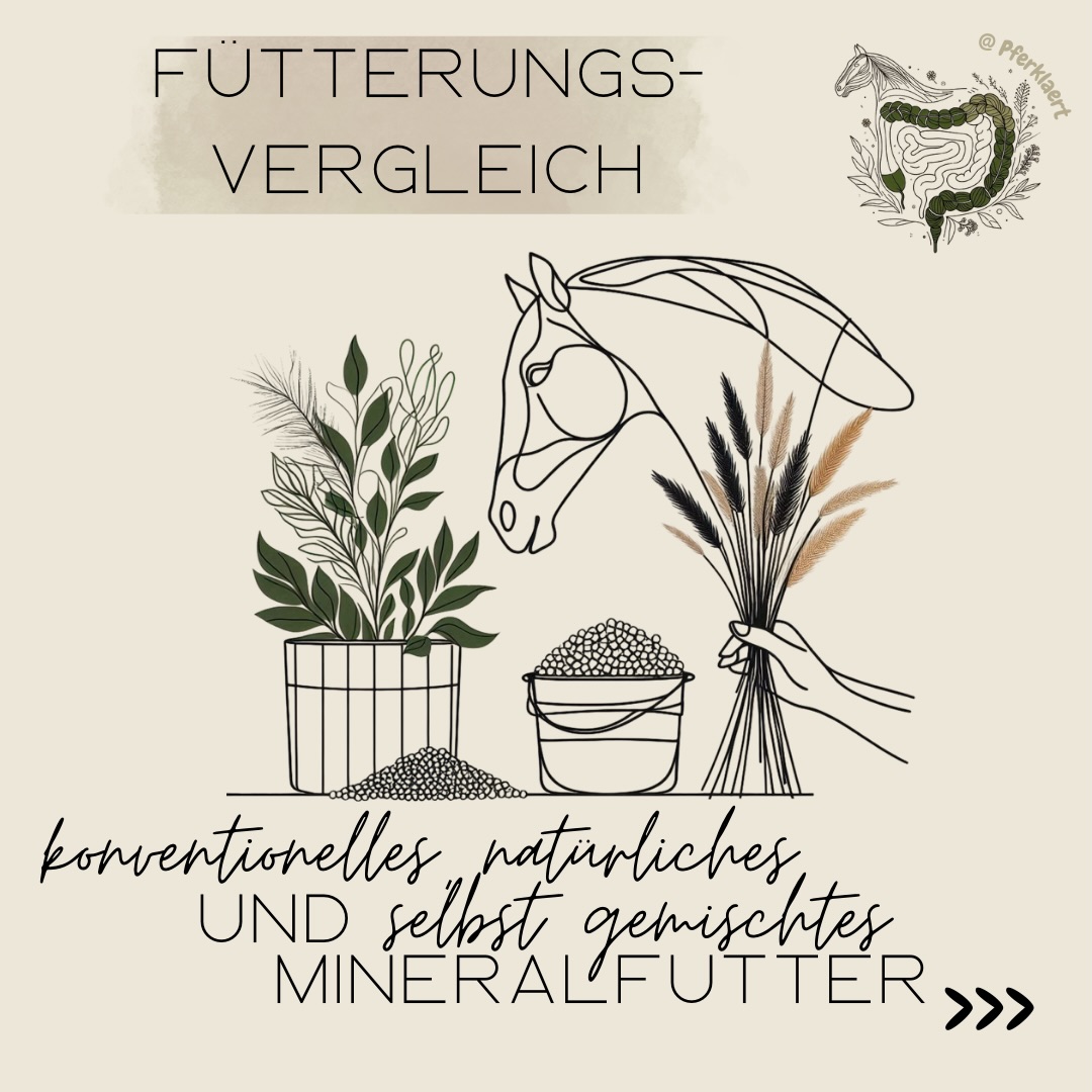 Mineralfutter – konventionell, natürlich oder selbst gemischt. Welche Variante „funktioniert“ eigentlich besser?
In diesem Beitrag habe ich drei unterschiedliche Ansätze miteinander verglichen und gegenübergestellt, um sichtbar zu machen, wie sich Über- und Unterversorgungen ganz konkret darstellen können.
🚨Wichtig dabei: Die hier gezeigten Futtermittel wurden beispielhaft und nicht repräsentativ ausgewählt. Es handelt sich nicht um eine allgemeingültige Bewertung bestimmter Produkte oder Fütterungsrichtungen. In der Praxis würde man – sofern vorhanden – selbstverständlich immer mit einer Heuanalyse arbeiten und ein Mineralfutter gezielt passend zur Grundration auswählen. In einer Umfrage in meiner Instagram-Story hat sich aber gezeigt, dass viele ihr Mineralfutter ohne oder nur mit einer durchschnittlichen Heuanalyse auswählen.
Aus der „konventionellen Bubble“ werden häufig genau solche Beispiele genutzt, um zu belegen, dass Pferde mit natürlicher oder naturnaher Fütterung angeblich nicht bedarfsgerecht versorgt werden können. Ich wollte diese Argumentation einmal umdrehen und zeigen, dass Abweichungen vom Bedarf in allen Systemen auftreten können und es nicht um das was sondern um das wie geht.
Der Vergleich macht vor allem eines deutlich: Nicht das „System“ entscheidet über eine gute Versorgung, sondern die Einordnung im Gesamtkontext der Ration, insbesondere des Grundfutters. Ohne diesen Kontext kann kein Mineralfutter – egal welcher Art – automatisch „richtig“ oder „falsch“ sein.
Ziel ist keine perfekte Rechnung, sondern ein reflektierter Umgang mit Fütterung, Anpassungen und Verantwortung.
Das Fazit in den Kommentaren ⬇️