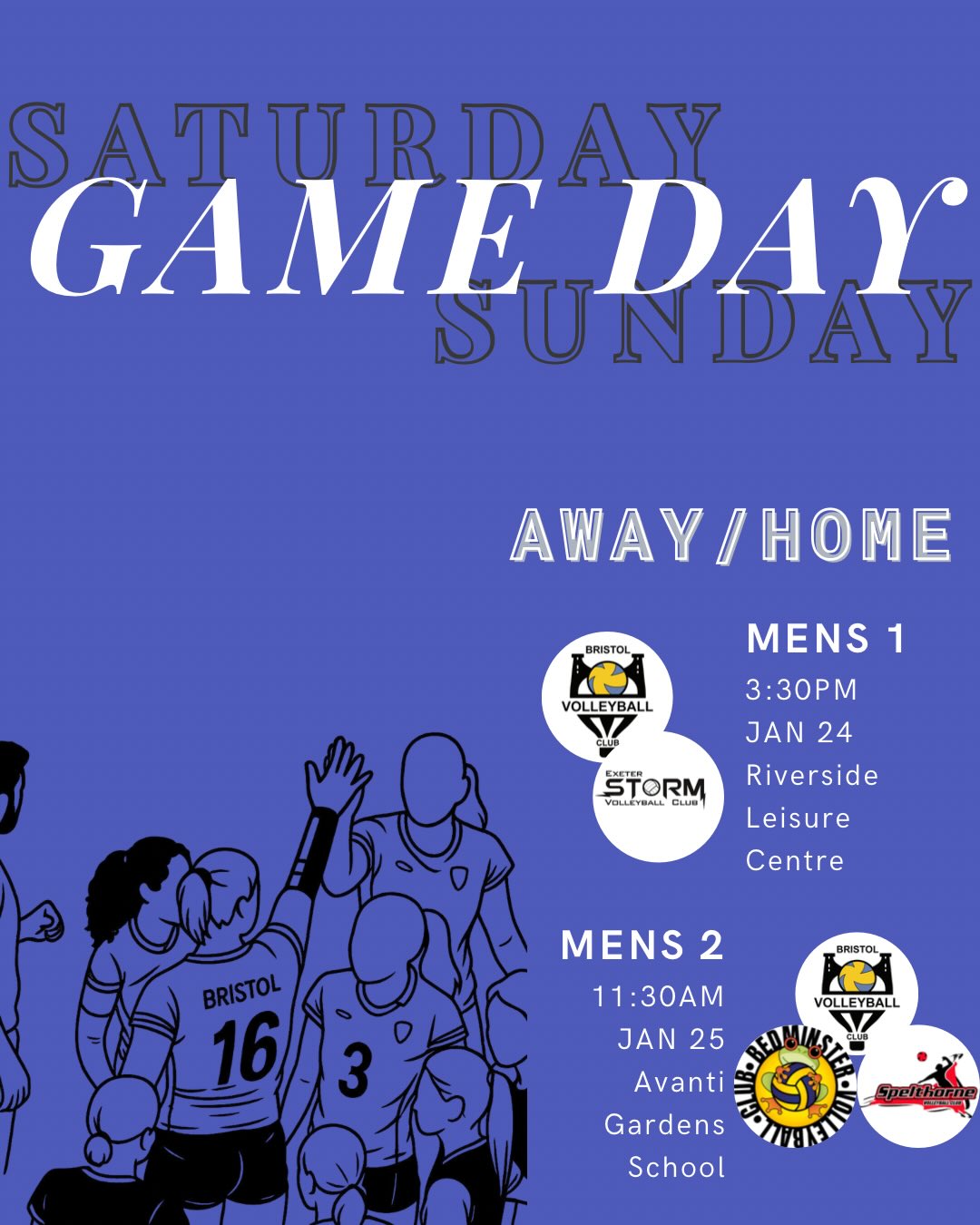 Another busy weekend of volleyball ahead for our BVC teams 💛💙
Big home day on Sunday, come down to Avanti and show your support 🏐
AWAY🏐
📅 Saturday 24 Jan
Mens 1 — NVL Division 1
HOME🏐
📅 Sunday 25 Jan
Mens 2 — NVL Division 3
HOME🏐
📅 Saturday 24 Jan
Girls Progression & Competitive Squads — SW 6v6 Tournament
AWAY🏐
📅 Saturday 24 Jan
Mens 4 — B&D League
AWAY🏐
📅 Saturday 24 Jan
Ladies 2 — NVL Division 3
Good luck to all our teams this weekend. Let’s go BVC 💛💙
.
.
.
#WeAreBVC #BristolVolleyballClub #BVCGameDay #VolleyballEngland #BristolSport