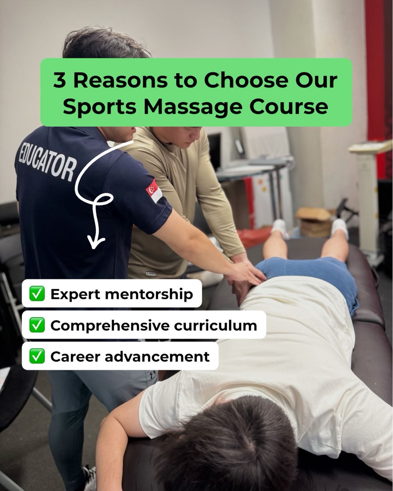 LEARN A NEW SKILL! 💪 Next intake of the SPORTS MASSAGE THERAPY CERTIFICATION (4-Days) on 7,8,14&15 MARCH 2026 is open!
.
.
PROGRAMME CONTENT:
*Etiquette in sports massage therapy
*Effects of sports massage
*Contraindications
*Human Anatomy
*Client assessment guidelines
*Massage techniques
*Soft tissue release & myofascial stretching techniques (joint mobilisation)
*Case studies discussion on common musculoskeletal injuries
*Further education for Sports Massage Therapy
*Mentoring sessions (additional fee applies)
.
What do you get?
*CPD UK global accreditation
*Skillsfuture & UTAP eligible funding. *CoachSG CECs
MORE INFO AND REGISTRATION @ FITASIA.SG or EDUFITASIA.COM or book via link in bio. Early bird fee ends on 1 Feb 2026. Group discount available (3pax min)! DM US! Sign up today!!!
.
.
#singapore #sgfitness #sportsphysiotherapy #sportsg #singaporesportshub