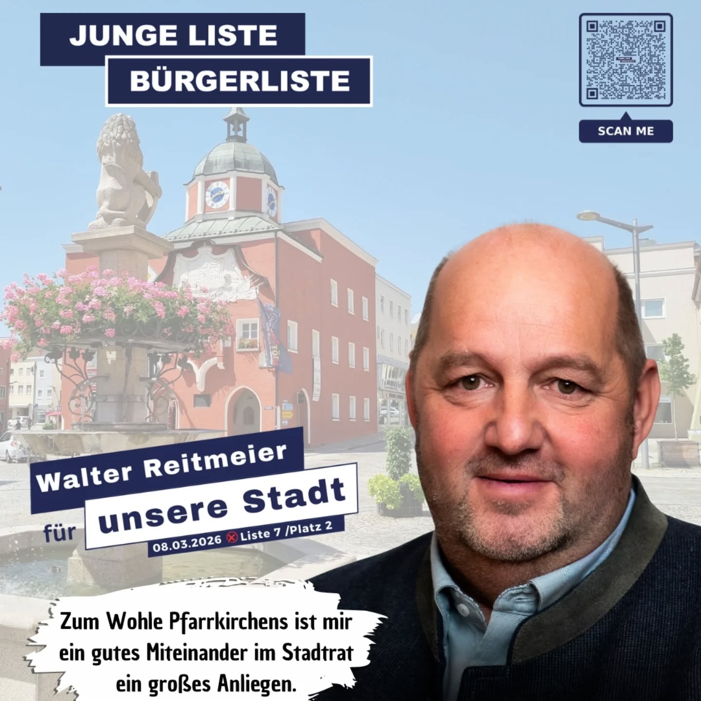 Walter Reitmeier ist von Teamwork überzeugt! Nur gemeinsam im Stadtrat können wir Pfarrkirchen voranbringen.
Zum Wohle Pfarrkirchens ist mir ein gutes Miteinander im Stadtrat ein großes Anliegen.
Lerne unsere Stadtratskandidat*innen kennen! Auf unserer Homepage www.jl-bl.de gibt es alle Infos zu unseren Zielen und Visionen – und alle Termine, bei denen du direkt ins Gespräch kommen kannst. Dein Kontakt zählt!
#kommunalwahl2026 #stadtrat2026 #pfarrkirchen #GemeinsamFürEinLebendigesPfarrkirchen
