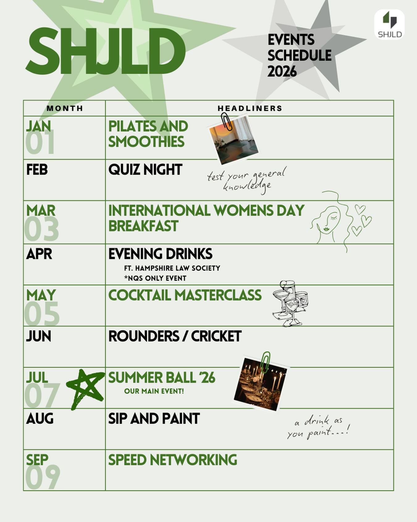 Starting off this week with a BANG! 💥✨
The wait is officially OVER… our long awaited ‘2026 Social Events Calendar’ has landed! 🚀
We have packed the year with our standout Headliner events for EVERY SINGLE month - all leading up to our star event, the Summer Ball in July.
🗓️ MARK YOUR CALENDARS - YOU DON’T WANT TO MISS THIS!
📣 Make sure you’re following us on LinkedIn @SHJLD and on Instagram @theshjld to stay in the loop. We will be dropping full defails for each event as their respective month rolls in 👀💬
Signing off,
Your 2025/26 SHJLD Committee #SHJLD💚
#SouthHampshireJuniorLawyersDivision #JuniorLawyers #SocialEventsCalendar #LetsGetThisPartyStarted