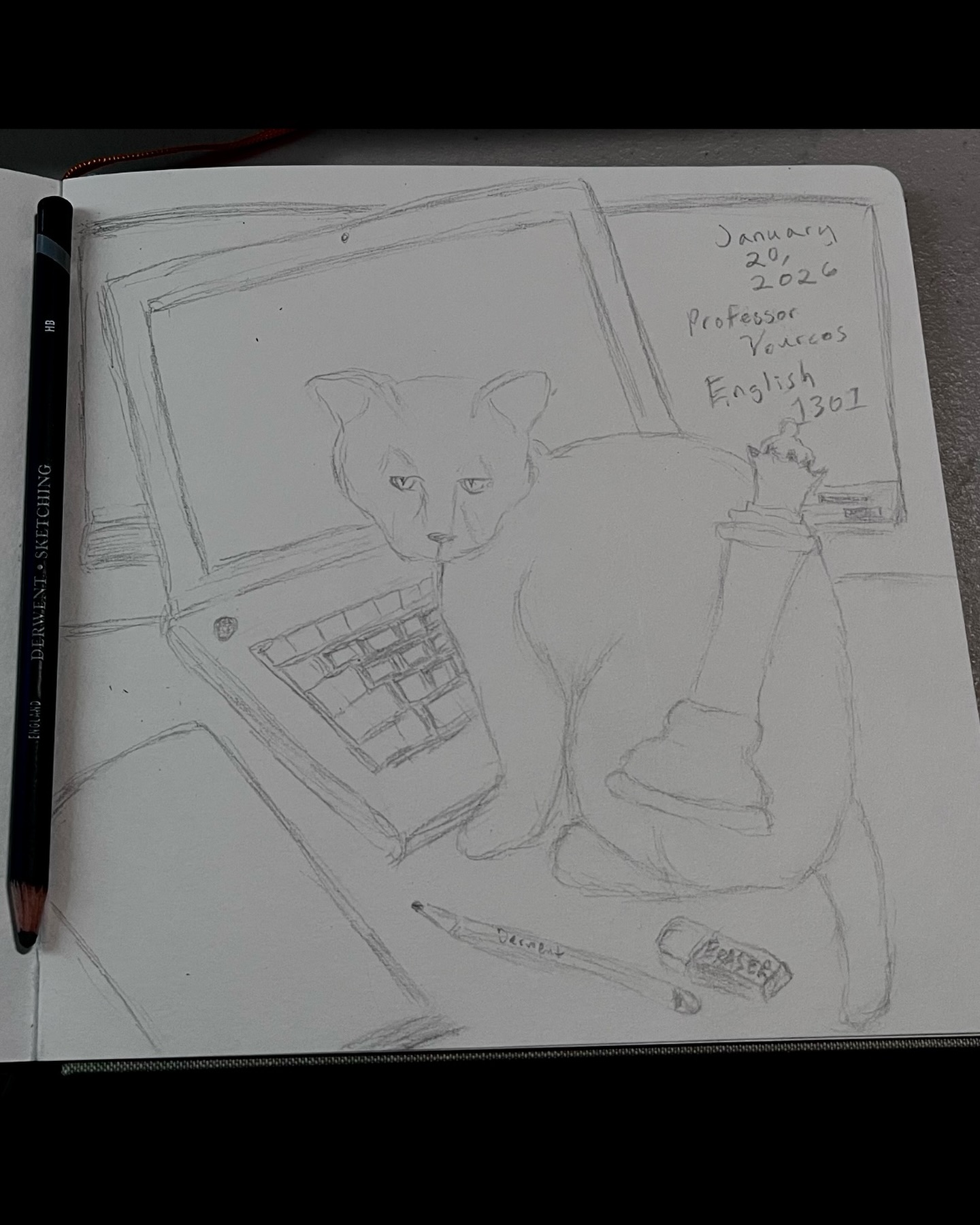 Thanks to @sdionbakerdesign for her drawing class on Zoom earlier today. I’m able to join her virtual classes because I’m a part of her Substack group. We were focusing on layering different things together onto a sketchbook page.
We could use things that happened during our day. Very much like Samantha’s book DRAW YOUR DAY. So I picked things that stood out in my first day back to teaching this Spring semester as an English adjunct professor. Some things were in the classroom, some things were on campus, and some things were at home during her virtual class.
I rarely do this kind of layering in my sketchbook, but I felt really inspired today, especially with my sketchbook page. What do you think? I plan on adding color to the page later. I love being creative as a writer, but also visually as an artist.