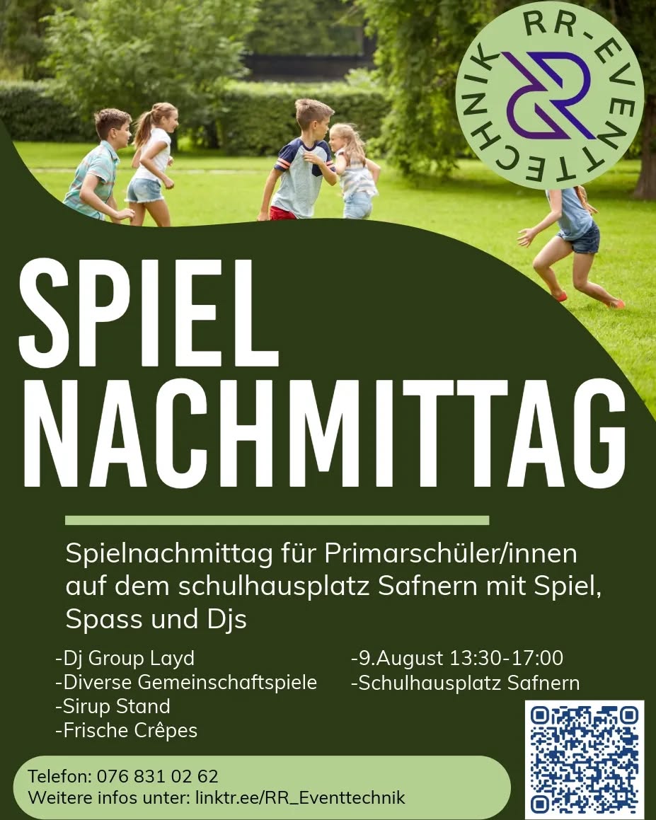 Am Freitagnachmittag dem 9.August findet auf dem Schulhausplatz Safnern ein spielnachmittag mit @layd_dj für alle Primarschüler/innen von Safnern statt.
Neben diversen Gemeinschaftspielen und Djs gibt es auch noch einen kleinen Sirupstand sowie frisch zubereitete Crêpes.
Weitere Infos gibt es unter: https://linktr.ee/RR_Eventtechnik