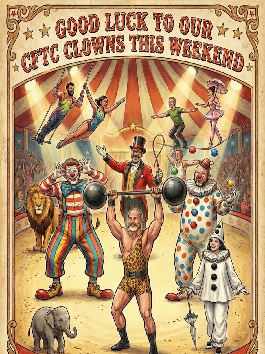 Ladies and Gentlemen, Boys and Girls! 🎪✨ The main event is finally here! Sending a massive round of applause and huge luck to our spectacular troupe—Teascha, Rich, Brittney, Grant, Damon, Rob, Joe, Dave, Andy, and Coco—as they step into the ring this weekend! 🦁🏋️♂️ You’ve all worked incredibly hard to tame the beasts (and the barbells), and we know you’re ready to put on a show under the big top. 🎪 Don’t be afraid to clown around and have fun, but remember: you are the ringmasters of your own effort today! 🤡🤹♂️ We are so proud of you all—go dazzle the crowd and own that spotlight! 🎟️🍿💪
