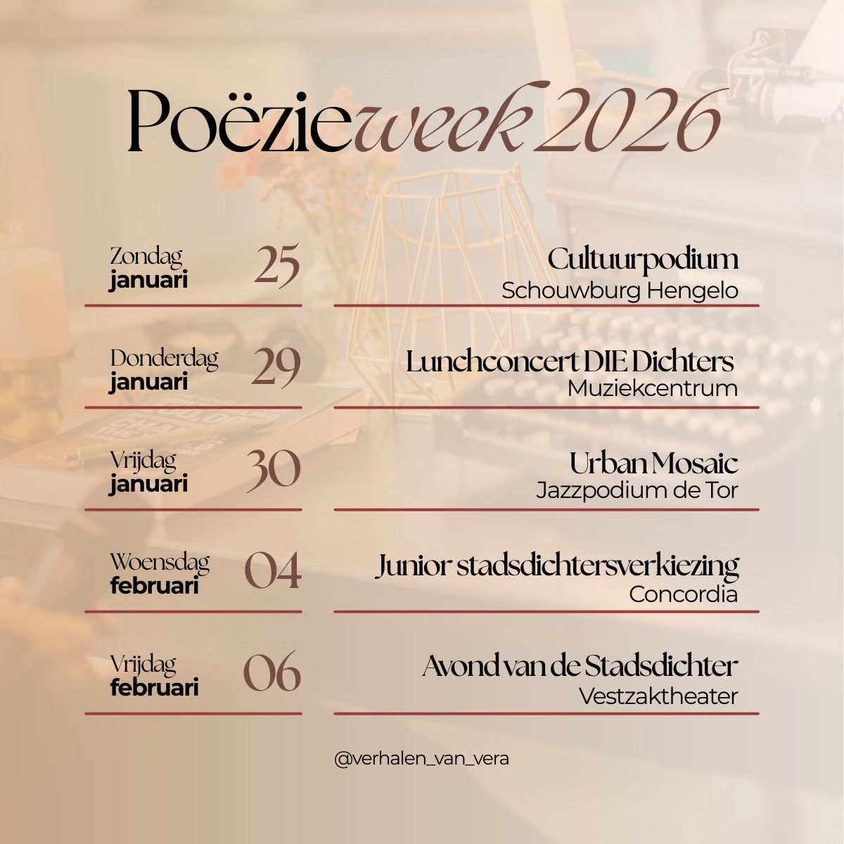 Onwijs veel zin in de poëzieweek!
Voor mij duurt die nog iets langer dan de offciële week. Hierboven zie je op welke momenten in mag optreden - je bent van harte welkom om mee te genieten!
Een aantal activiteiten uitgelicht:
🌟 Lunchconcert @dichtersinenschede | Hier presenteren we onze nieuwe bundel met het thema van de poëzieweek: metamorfose.
🌟 Juniorstadsdichtersverkiezing | Wie volgt lieve Benthe Blaak op? Ik heb als jurylid de lastige taak om dat mede te bepalen!
🌟 Avond van de Stadsdichter | Mijn eigen theatershow met toffe gasten, muziek, goede gesprekken en natuurlijk: poëzie! Tickets gaan steeds sneller… 😉
Ook ben ik nog bij de voorstelling Rozige Maanvissen - maar dan zit ik lekker in de zaal in plaats van dat ik op het podium sta. 😉
Wie zie ik in de @poezieweek? 👋🏻