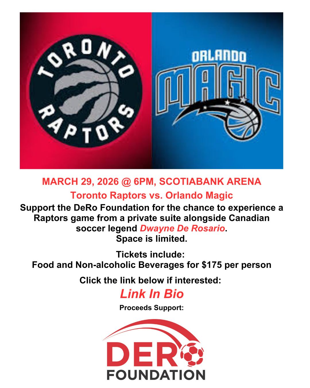 Do we have any soccer lovers who love basketball? Don't miss out! See you there! Go Raptors Go! #raptors #dwaynedero #soccer #toronto #derofoundation
