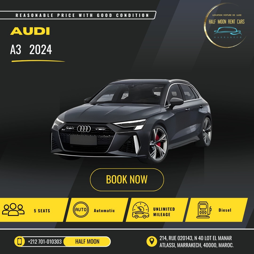 The 2024 Audi A3 Sportback combines sophisticated design with advanced technology and dynamic performance, offering a luxurious and sporty driving experience.
✍️ WhatsApp : +212 701-010303
#NouvelleDimension #LuxurySUV #cars #morocco #marrakech #rentcar #carluxury #vacances #tourist #reservation #booking #rentcars #jamaaelfna #casablanca #tanger #marrakechmedina #voyage #travel #voituredeluxe #voiture #locationvoiture #locationvoituredeluxe #audi