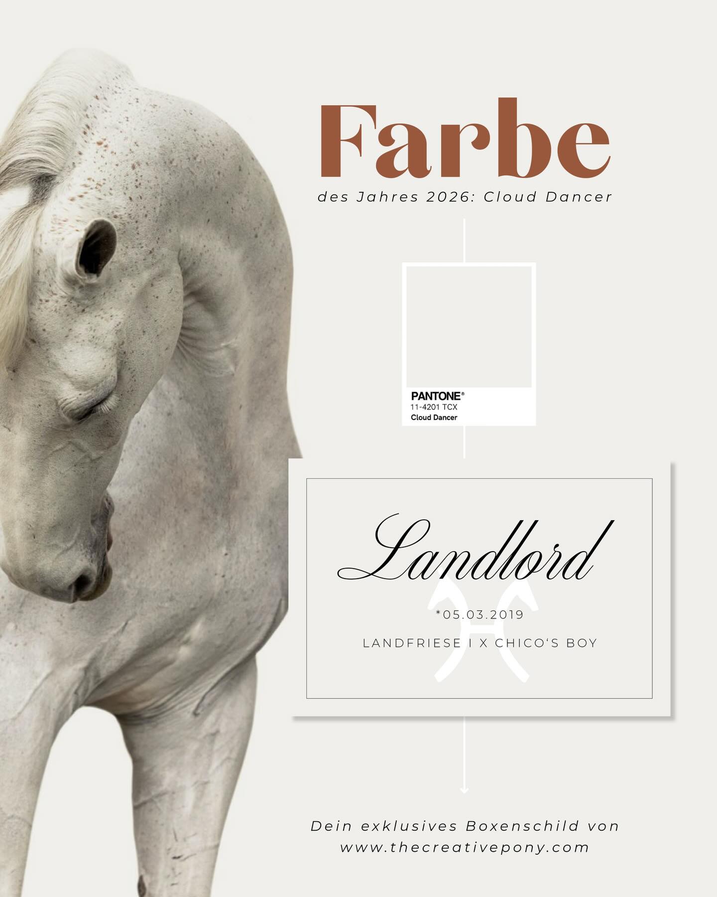 #pantonefarbedesjahres 2026 🩶 Pantone hat die neue Trendfarbe des Jahres 2026 gekürt und sie trifft voll und ganz meinen Geschmack 😍
Wie sieht es bei euch aus, gefällt euch die Farbe „Cloud Dancer“ in Kombination mit dem Boxenschild Design? ☁️
#boxenschild #boxenschilddesign #pferdeschönheiten