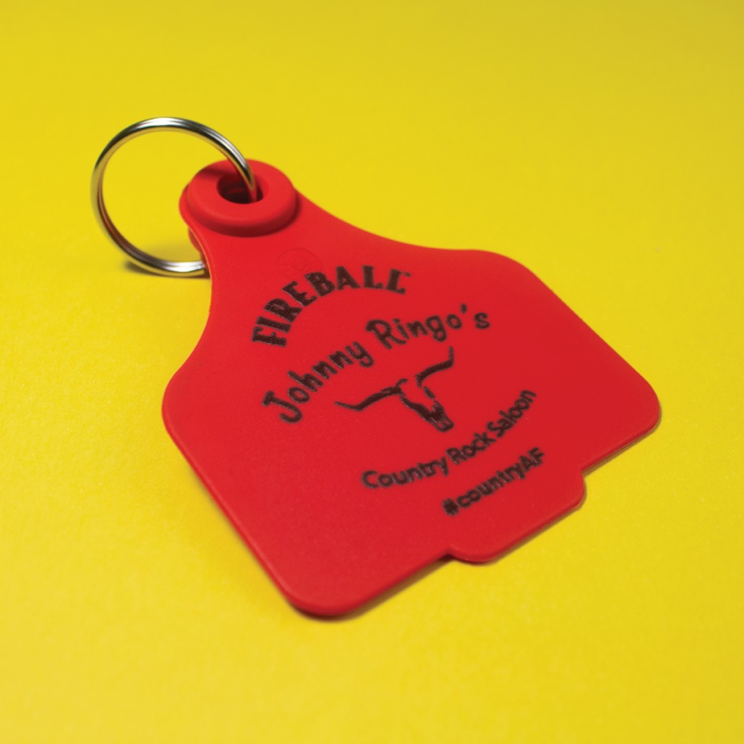 Moo! Here are our custom Fireball 'cow' tags, used for entry into an event and then as a key ring attachment afterwards!