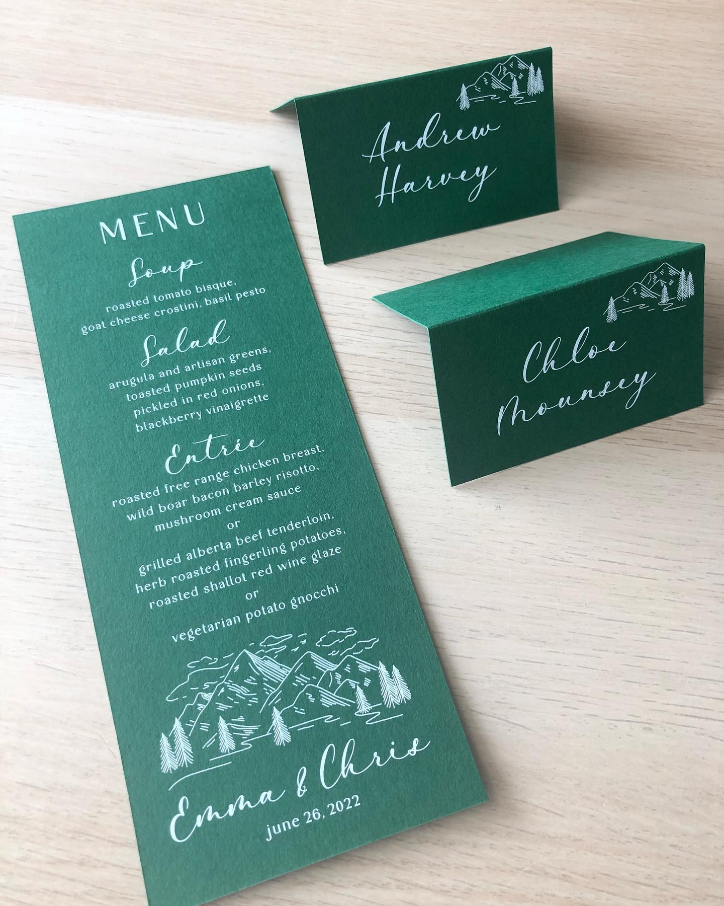 Custom menus and place cards, special white ink printing #weddingmenu #weddingplacecards #banffwedding #panacheinvitations