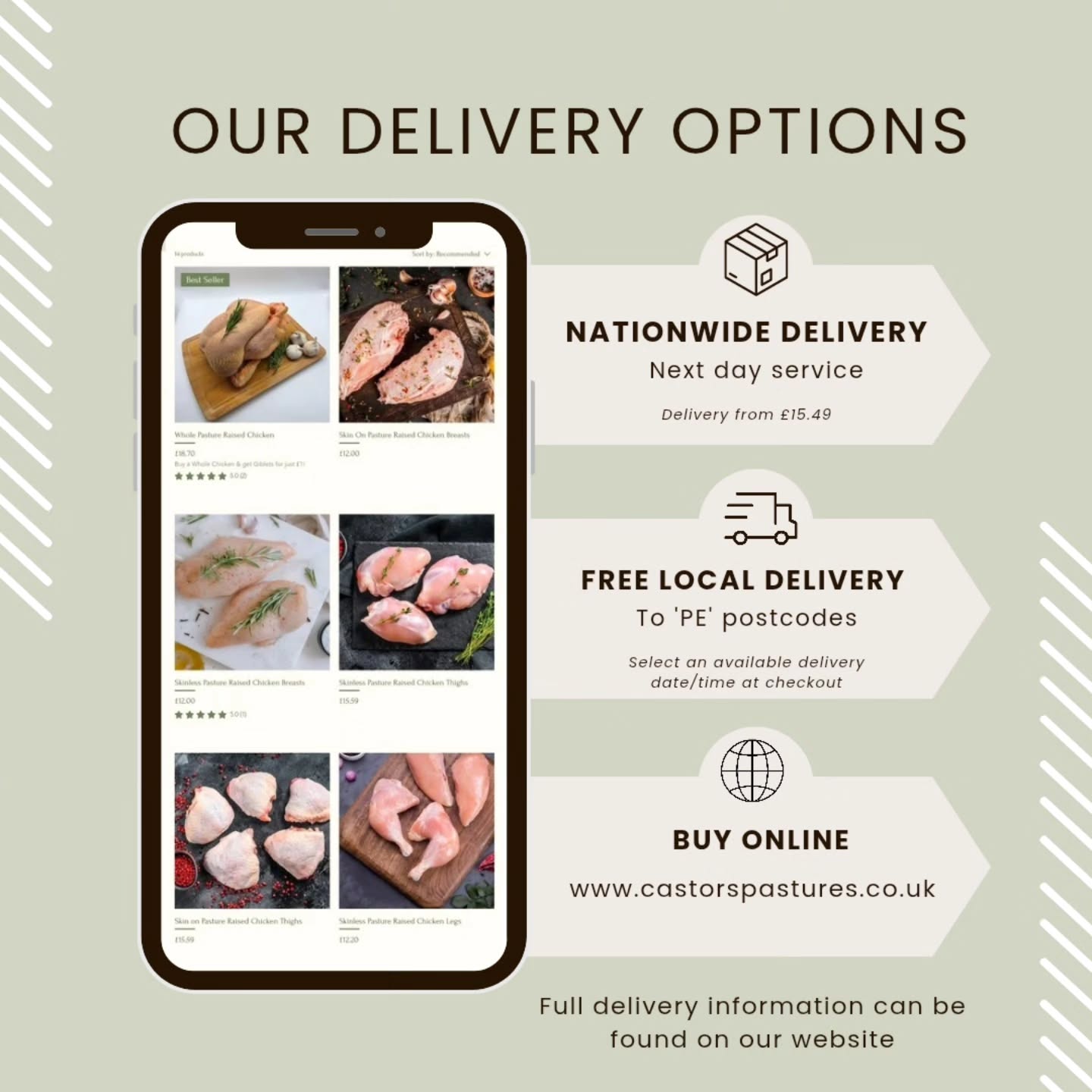 A reminder of how you can get your Castors Pastures pasture raised chicken delivered straight to your door! ๐ฟ
๐ Order online then select either:
๐ FREE local delivery if your a PE postcode
Simply put in your postcode (ignore the initial delivery charge), then click free local delivery and choose a date and time available that suits you.
Or
๐ฆ Next day Nationwide Postage
We ship to the whole of the UK! We use sustainable packaging comprised of reusable wool insulation and recyclable non-toxic ice packs, keeping your meat cold/frozen for over 48hrs.
For full delivery information, please visit
https://www.castorspastures.co.uk/delivery
Super easy easy ๐๐ป
#pasturerasiedchicken #pastureraisedpoultry #OrganicFarming #organiceating #supportlocalfarms