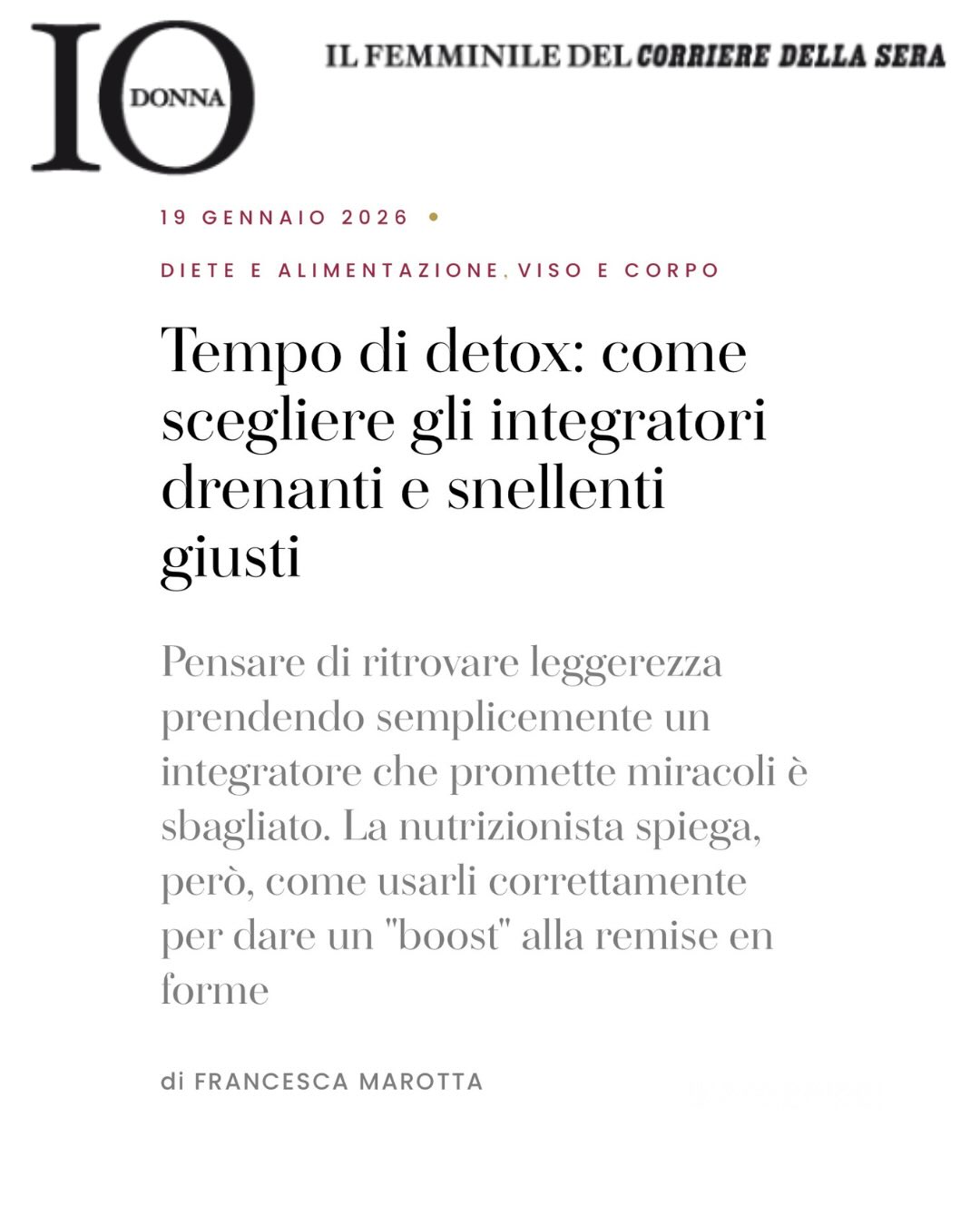 Drenanti e snellenti non sono “pillole magiche”: per funzionare davvero vanno messi in un contesto di equilibrio metabolico, con alimentazione, idratazione e stile di vita corretti.
Su IO Donna si parla di come scegliere e usare integratori drenanti e detox efficaci—partendo dall’equilibrio acido‑base, passando per estratti vegetali mirati e supporto al fegato e ai reni, fino alle attenzioni pratiche per ottenere benefici reali e duraturi. 
Grazie a @francesca.marotta.livitaly e alla redazione @iodonna_it per aver dedicato spazio a un tema che troppo spesso viene semplificato e frainteso.
#detoxconsapevole #integratoridrenanti #nutrizioneintelligente #benessere #iodonna
