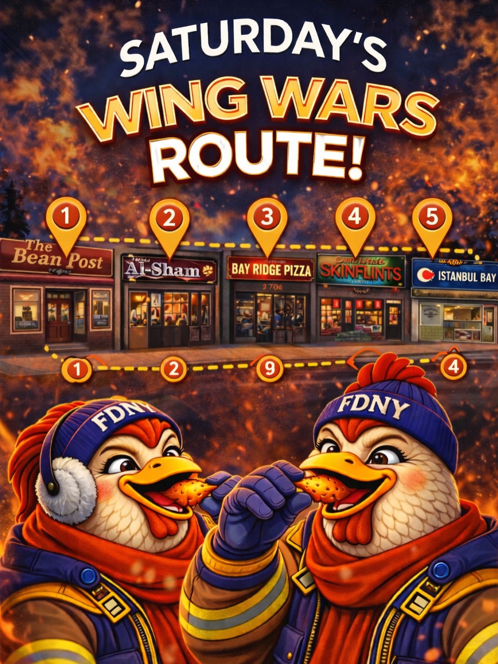 🔥🍗 WING WARS BAY RIDGE — THE ROUTE 🍗🔥
No wrong way to wing it… but here’s the full lineup 👇
All teams START at Bean Post Pub and END at Mussels & More.
We will send you out in groups clockwise or counter-clockwise — same wings, smoother flow.
🚐HOHO bus available thanks to Bay Ridge Center!
🟢 START HERE
1️⃣ Bean Post Pub
⬇️ THE STOPS ⬇️
2️⃣ Al Sham
3️⃣ Bay Ridge Pizza
4️⃣ Skinflints
5️⃣ Istanbul Bay
6️⃣ Mancini Wood Fired Pizza
7️⃣ Bar Chuzo
8️⃣ Pipin’s Pub
9️⃣ House of Wings NYC
🔟 Cebu Bar & Bistro
1️⃣1️⃣ Kettle Black Bar
1️⃣2️⃣ Ho’Brah Taco
1️⃣3️⃣–1️⃣5️⃣ The Corner Bay Ridge
1️⃣6️⃣ Salty Dog
🔴 LAST STOP / FINISH LINE
🏁 Mussels & More
✔️ Voting
✔️ Raffles
✔️ Prizes
✔️ Trophy time
🎟️ 18 tickets = 18 wings
🏆 $150 Best Costume
🎁 Multiple raffles
🚒 FDNY love + community vibes
📍 Saturday, Jan 24
🕛 Check-in at 12PM at Bean Post Pub
👉 Grab tickets. Bring friends. Wear something ridiculous.
👉 Let’s wing it, Bay Ridge.
#WingWarsBayRidge #WingWars2026 #BayRidgeEats #FDNY
@fifthavenuebk
@86streetbid
@merchantsof3rdave
@fdnyfoundation
@fdny
@bean_post_pub
@alsham_restaurant_nyc
@bayridgepizza
@skinflints.restaurant
@istanbulbayridge
@musselsbrickovenpizza
@manciniwoodfiredpizza
@barchuzo
@cebubarbistro
@pipinsbayridge
@houseofwingsnyc
@hobrahtaco
@kettleblackbar
@thecornerbayridge
@saltydogny
@bayridgecenter
@williamsenergy