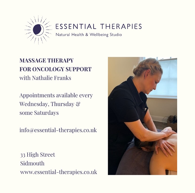 Massage therapy can offer meaningful relief for those undergoing cancer treatment or living with its after effects.
Our massage treatments are individually tailored to support you wherever you are on your cancer journey.
Each session is adapted to meet your needs on the day, which may include treating or avoiding specific areas, adjusting the pressure or the type of touch to minimise strain on your body, and finding the most comfortable position to help you fully relax.
Nathalie has undertaken specialist training in oncology support massage, allowing her to provide safe, effective care with confidence and compassion.
Book your session today.
info@essential-therapies.co.uk
www.essential-therapies.co.uk
#oncologysupport #massage #sidmouth #eastdevon #devon