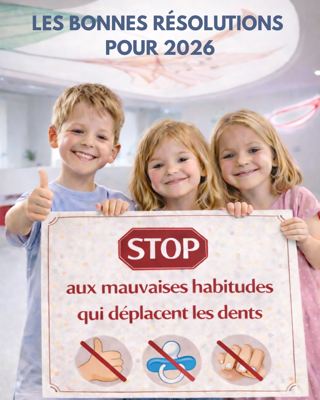 👉Les bonnes résolutions 2026 pour un sourire harmonieux ✨
✋STOP aux mauvaises habitudes
qui déplacent les dents 🦷❌
Au cabinet, on apprend aux enfants (et aux parents) les bonnes habitudes :
✅respirer par le nez,
✅ne plus sucer son pouce,
✅arrêter de ronger ses ongles, ✅bien mâcher et
✅garder une bonne posture.
Des petits gestes… pour un sourire en santé
😊💪
#BonnesRésolutions2026 #SourireEnSanté #Enfants #Orthodontie #BellesHabitudes GrandSourire