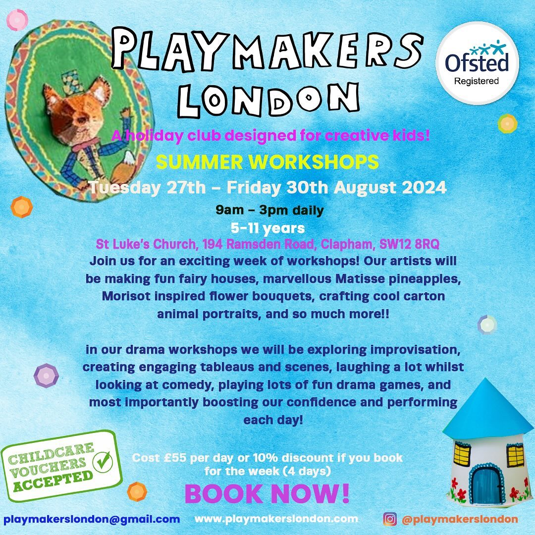 We have ONE WEEK left to book for our summer workshops. Running from 27th-30th August 🎉!
Drop Laura an email playmakerslondon@gmail.com to book a place! Also if you’d like to sign up to receive emails about our upcoming workshops please do send me an email or go to our website and hit subscribe!
Can’t wait to see you there 🥰🎉