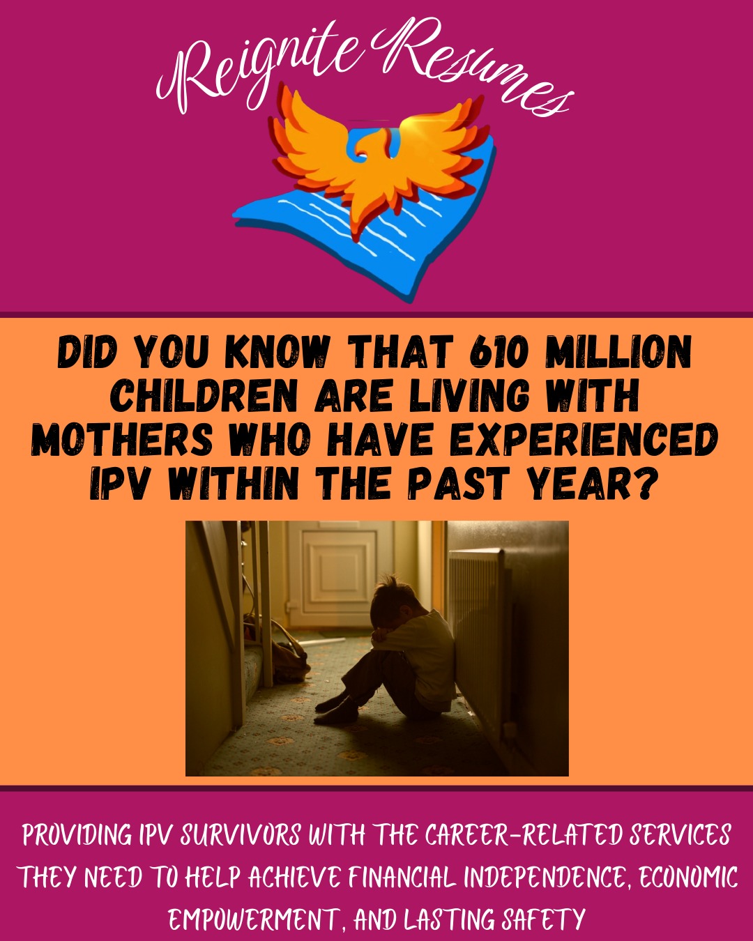 Did you know that even when children do not directly experience violence themselves at home, if they're exposed to it among their caregivers, the impact can be equally harmful.
Check out our post to learn more about a new groundbreaking report from UNICEF that examines the impact of IPV on children around the globe.
#reigniteresumes #npo #nonprofit #youthled #femaleled #resume #resumes #recruitment #domesticviolence #ipv #youthleaders #youthleadership #unicef #childabuse