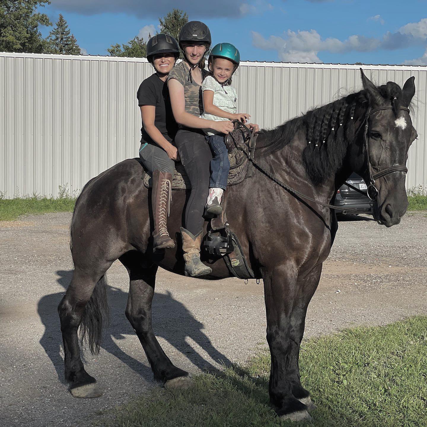 Our boy still looks like a giant even with the three of them on him! 😆 #BakerBoy #Percheron
