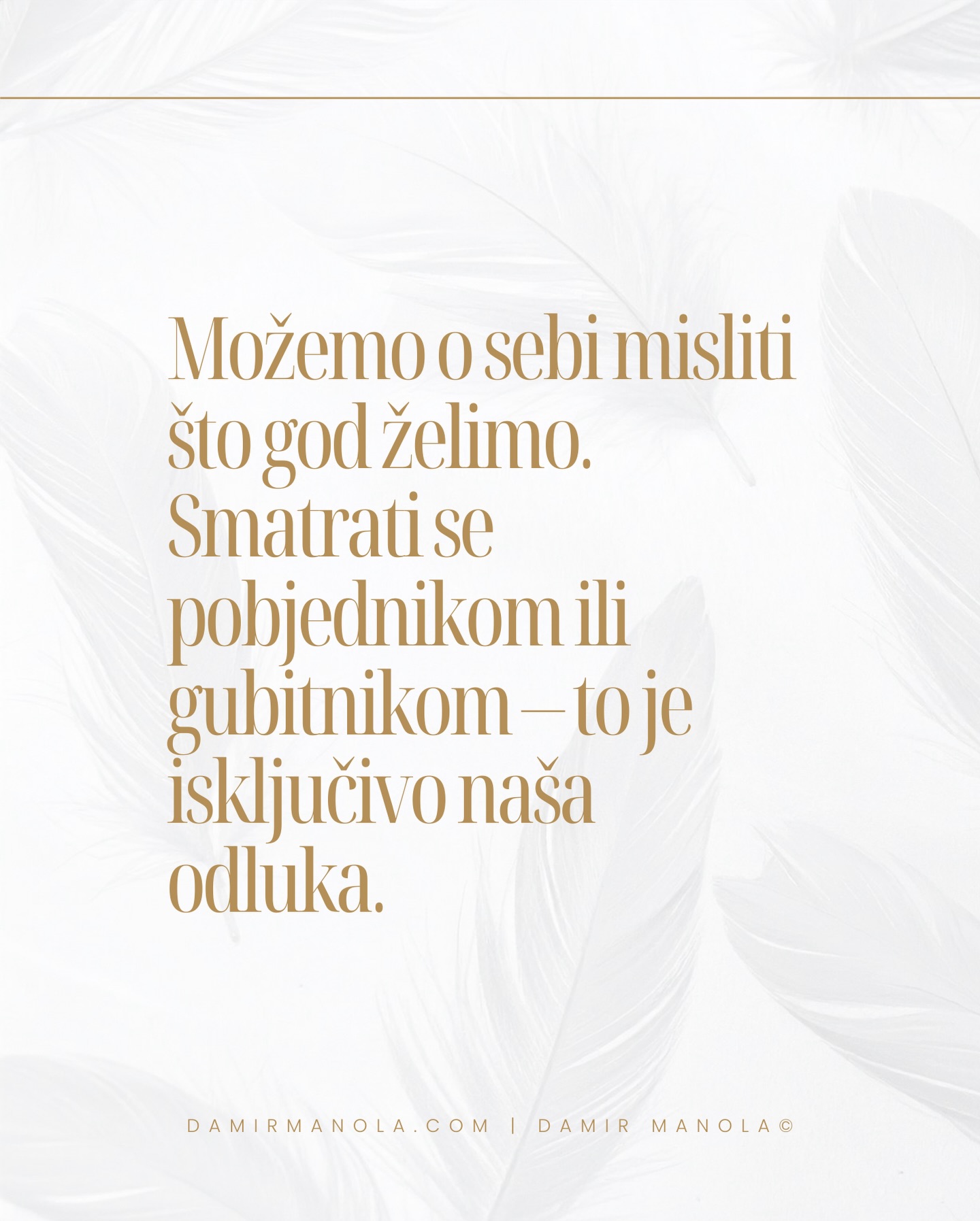 Možemo o sebi misliti što god želimo.
Možemo se doživljavati kao pobjednike ili kao one koji stalno kasne za životom. Ta odluka se donosi svaki dan.
Ono što mislimo o sebi postaje temelj našeg ponašanja. Iz tog unutarnjeg stava biramo riječi, držanje i granice koje postavljamo ili ne postavljamo. Na toj razini već započinje način na koji nas drugi doživljavaju.
Ljudi reagiraju na ono što iz nas zrači. A to gotovo uvijek odražava sliku koju imamo o sebi.
Ako u sebi nosite sumnju, svijet će vam to potvrditi.
Ako u sebi imate jasnoću, i ona postaje vidljiva.
Odnos prema sebi oblikuje vašu prisutnost, vaše izbore i način na koji se krećete kroz život.
Iz tog odnosa nastaje svaka stvarna promjena.
#osobnirazvoj #radnasebi #uspjeh
