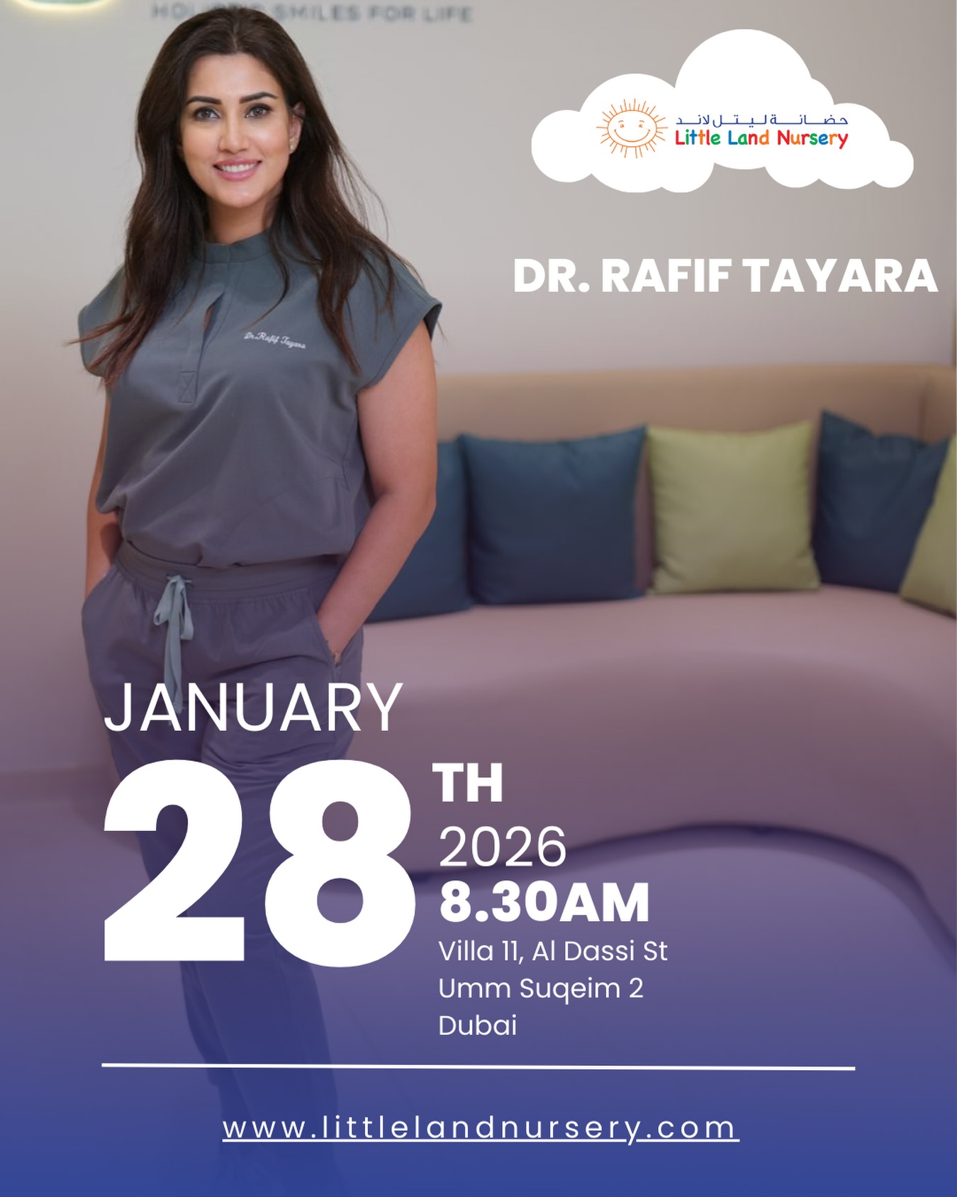 We’re delighted to welcome Dr. Rafif Tayara to Little Land Nursery on 28 January 2026.
Join us for a relaxed coffee morning, where parents can connect, ask questions, and enjoy meaningful conversations in a warm, welcoming setting.
Message us to reserve your spot and join us for a morning of connection and learning.
#LittleLandMontessori
#CoffeeMorningDubai
#DubaiParents
#EarlyYearsSupport
#MontessoriCommunity
