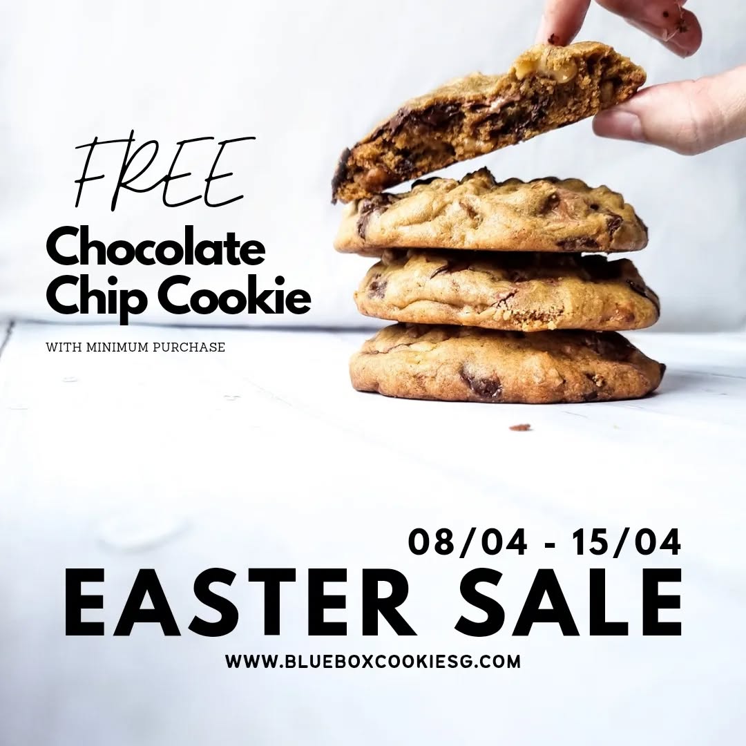 Let's celebrate April with EASTER 🐣 SALE!
From 8th to 15th April, get a FREE bottle of Classic Chocolate Chip cookie (worth $16.50) when you make a minimum purchase!
Share this good deal with your family and friends, and get some yummy cookies together!
Visit our website at www.blueboxcookiesg.com for more cookies.
DM us for any enquiry.