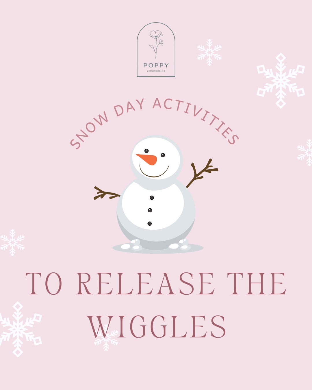Snow days at home can be long and full of wiggles! ❄️ Incorporating movement throughout the day helps kids burn energy, decrease tantrums, and practice healthy ways to move their bodies. From sock snowball fights to jumping and dancing, a little motion goes a long way in keeping everyone calm and happy. #poppycounseling #snowday #childtherapist #dallastherapist