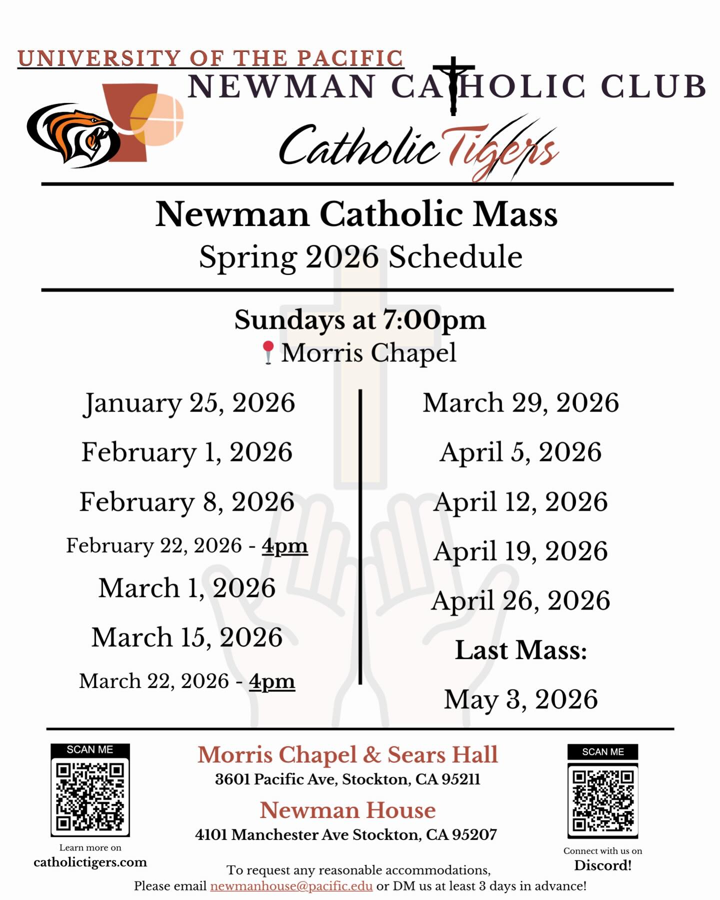 UPDATE! Spring 2026 Mass Schedule
We will begin having Mass on campus on January 25, 2026!
All Sunday Masses take place at 7pm in Morris Chapel, unless noted otherwise.
Please DM us if you are interested in volunteering, as an altar server, singing in the choir, or helping set up before Mass, etc.