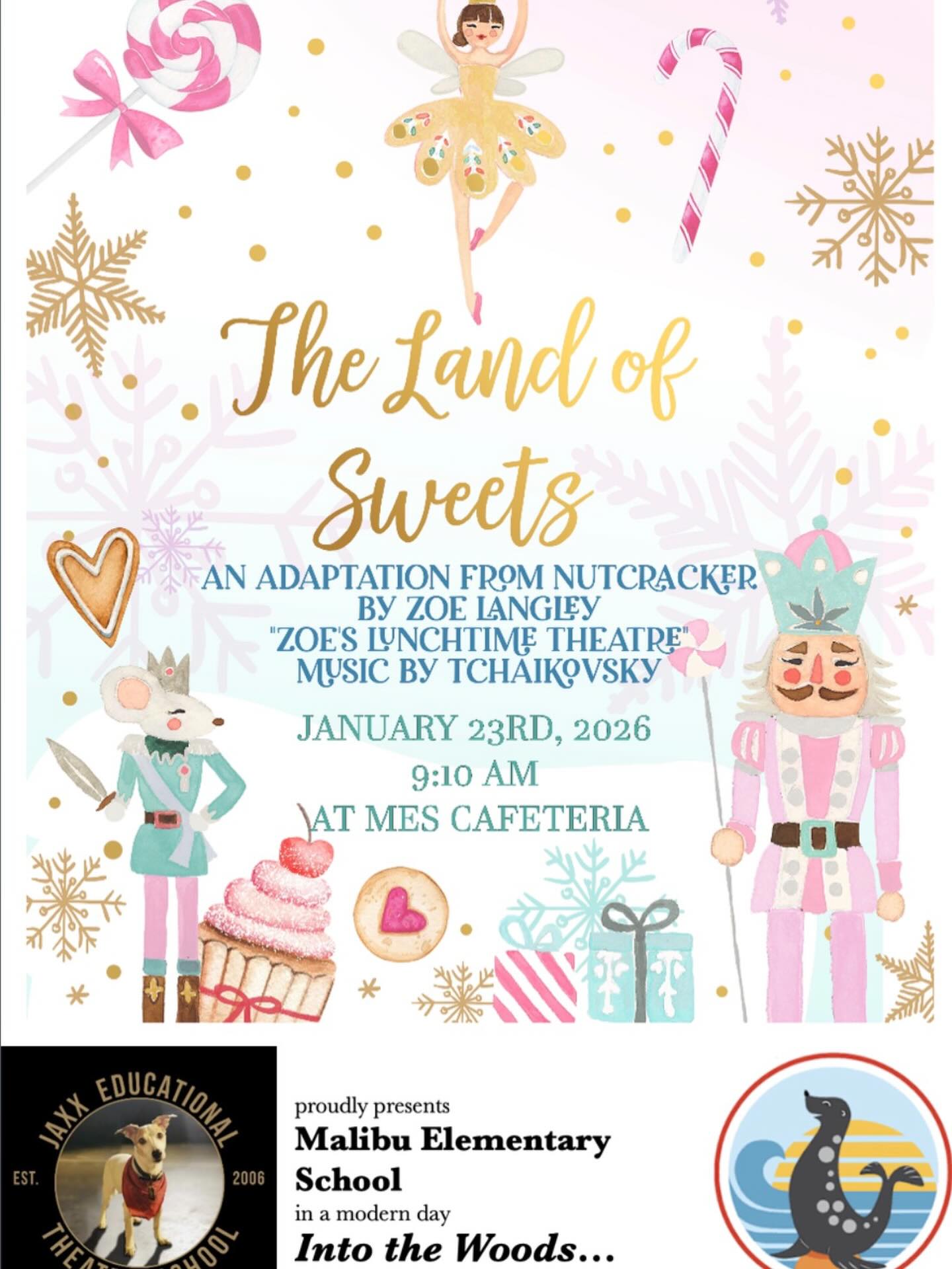 🍭✨ Parents, caregivers, Family& Friends— you’re invited!
Join us for The Land of Sweets, a sweet lunchtime performance inspired by the Nutcracker. Please arrive early to park and check in! (8:30 suggested)
🗓 Jan 23 | ⏰ 9:10- 9:40 AM
📍 MES Cafeteria
We hope you can join us! 💗