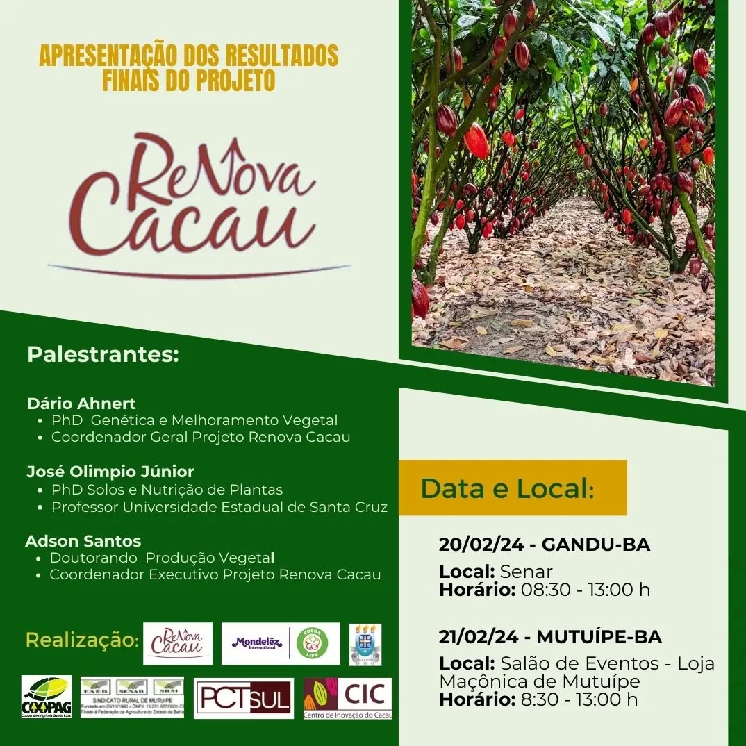 Bom dia senhores , produtores. Segue o convite para um excelente evento sobre a cultura do cacau.
Sua presença é de suma importância. Contamos com sua presença!