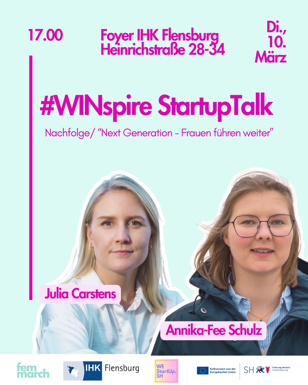 Liebes Netzwerk,
liebe StartUp-Interessierte,
liebe Women Entrepreneurs,
wir freuen uns, Euch anlässlich des Weltfrauentages im März zu unserem nächsten #WINspire Startup Talk einzuladen – diesmal zum Thema Nachfolge/„Next Generation – Frauen führen weiter“. In diesem Rahmen haben wir am 10. März 2026 die Ehre, unter anderem Staatssekretärin Julia Carstens sowie Annika-Fee Schulz von der CJBW Schiffsmakler GmbH & Co. KG als Speakerinnen zu begrüßen.
Die Veranstaltung ist Teil der Reihe „FEM March“ mit zahlreichen Events, die im März in Kooperation mit dem Gleichstellungsbüro der Stadt Flensburg stattfinden und Frauen eine Bühne geben werden. #WINspire – Women Inspire bietet Gründerinnen und Unternehmerinnen eine Plattform, sich, ihr Business und ihre persönlichen Geschichten zu präsentieren. Unsere Veranstaltungsreihe richtet sich an alle, die sich für Gründung, Austausch und Networking interessieren. Wir glauben: Ein chancengleiches Gründungsklima entsteht nur gemeinsam.
ALL GENDERS ARE WELCOME! 😊
🕔📍Wann und wo:
10. März 2026, 17 bis ca. 21 Uhr
Foyer der IHK Flensburg, Heinrichstraße 28–34, 24937 Flensburg
🗣️ Speakerinnen:
Julia Carstens, Staatssekretärin im Ministerium für Wirtschaft, Verkehr, Arbeit, Technologie und Tourismus des Landes Schleswig-Holstein
Annika-Fee Schulz, Geschäftsführerin CJBW Schiffsmakler GmbH & Co. KG
💬 Thema dieses WINspire Startup Talks:
Nachfolge. Wir möchten darüber sprechen, dass der Weg zum eigenen Unternehmen nicht immer über eine Gründung führen muss. Nach der Begrüßung durch die IHK-Präsidentin Franziska Leupelt moderiert Dr. Kirsten Mikkelsen von der Europa-Universität Flensburg das Podiumsgespräch mit Julia Carstens, Annika-Fee Schulz und weiteren Speakerinnen. Im Anschluss gibt es in inspirierender Atmosphäre Zeit für Networking und Austausch, mit Musik, Häppchen und Getränken.
🔗 Zur besseren Planung bitten wir um vorherige Anmeldung über folgenden Link oder den Link in unserer Bio: https://eveeno.com/281221927 (Die Tickets sind kostenlos 🎟️)
Wir freuen uns auf Euch! 😊
Herzliche Grüße
das WEstartupSH-Team, die IHK Flensburg sowie die Kreativagentur Frau von Herrlich