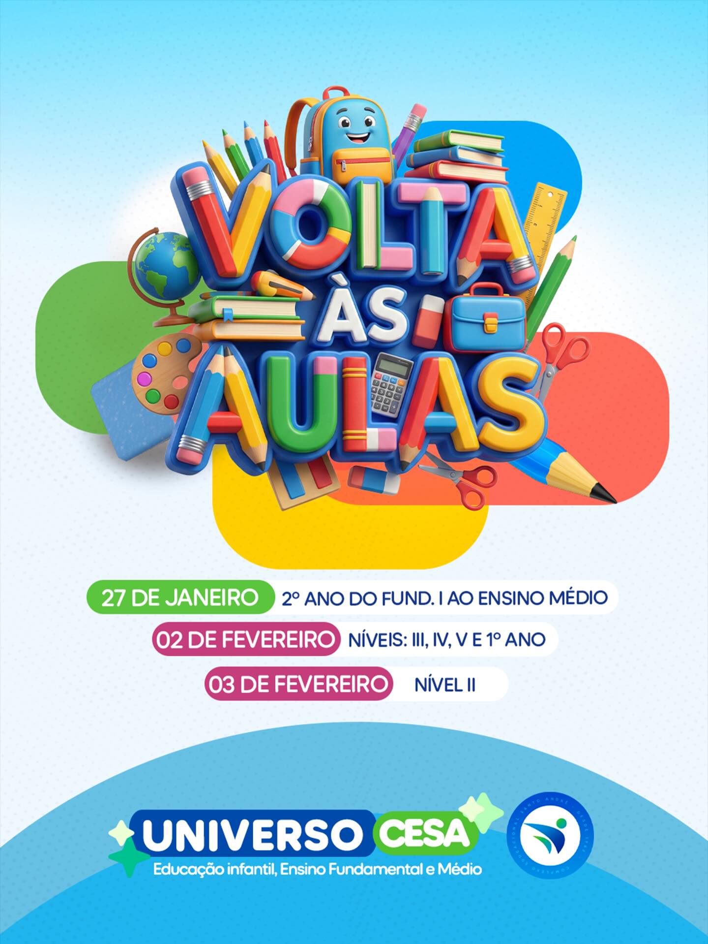 A volta às aulas já tem data marcada! 📚✨
O Universo CESA está pronto para receber nossos alunos com muito aprendizado, cuidado e novas conquistas. 💙💚
#VoltaÀsAulas #UniversoCESA #EducaçãoInfantil #EnsinoFundamental #EnsinoMédio