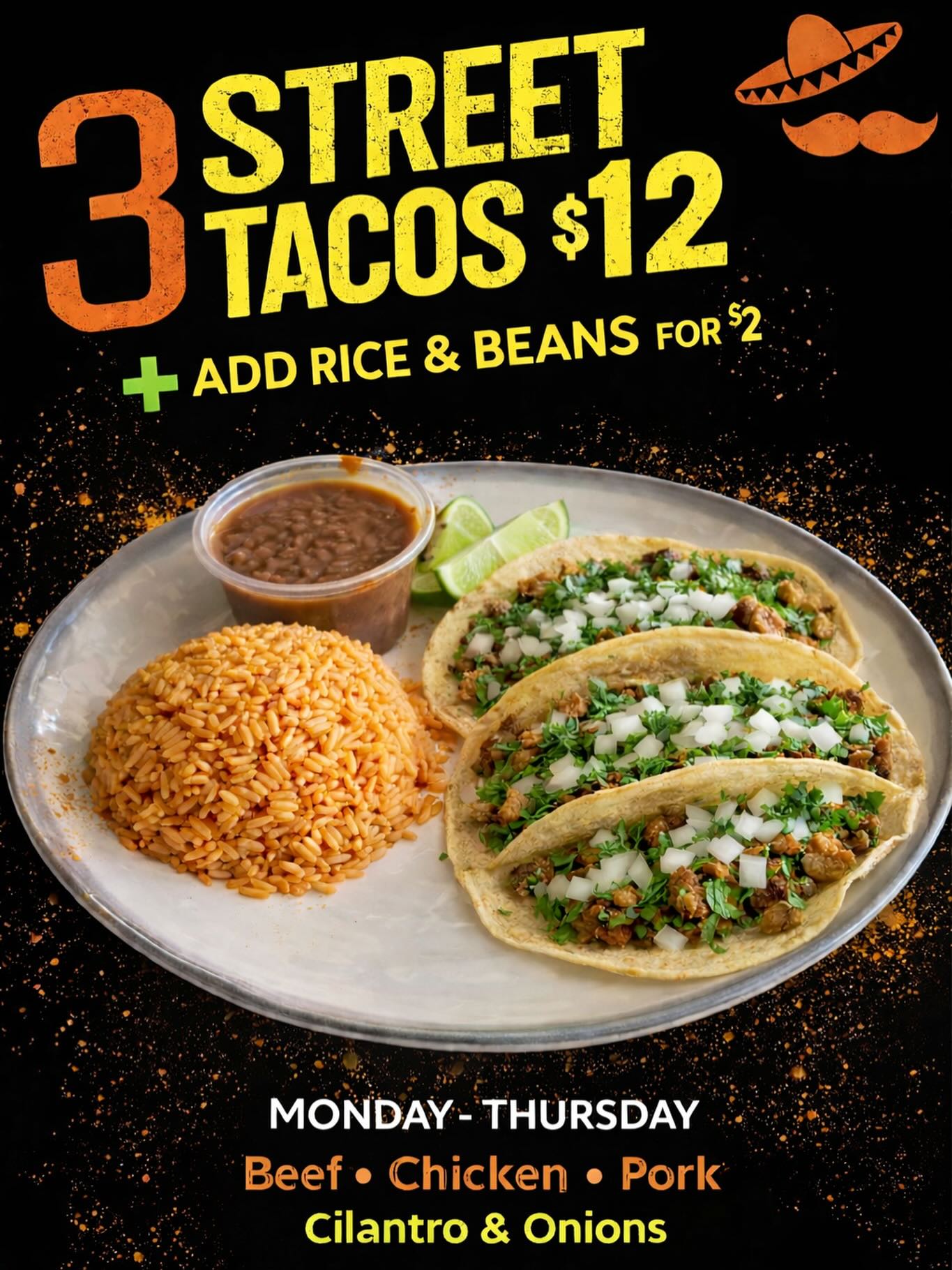Monday - Thursday
3 Street Tacos – $12
Add rice & beans for just $2
Beef, chicken, or pork
Topped with cilantro & onions
📍 Taqueria Emanuel
⏰ Dine-in or to-go
#StreetTacos #TacoSpecial #TaqueriaEmanuel #LocalEats