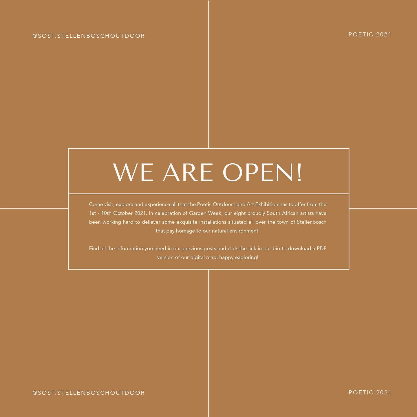 WE ARE OPEN!
Come visit, explore and experience all that the Poetic Outdoor Land Art Exhibition has to offer from the 1st - 10th October 2021!
-> click on the link in our bio to view or download the PDF map!
.
.
.
.
#poetic #outdoorlandart #earthart #naturalart #contemporarysculpture #artexhibition #supportlocal #supportstellenbosch #sost #emphemeralart #landartists #artiunstallation #environmentalart #contemporaryart #southafricanartists #art #nature #sculpture #design #artoftheday