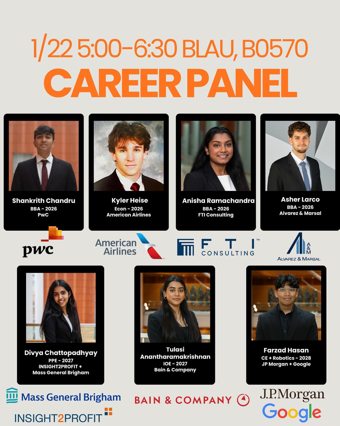 Stop by our career panel to learn about our upperclassmen experiences in different industries and chat with our members! See you all on THURSDAY 1/22 5-6:30!!