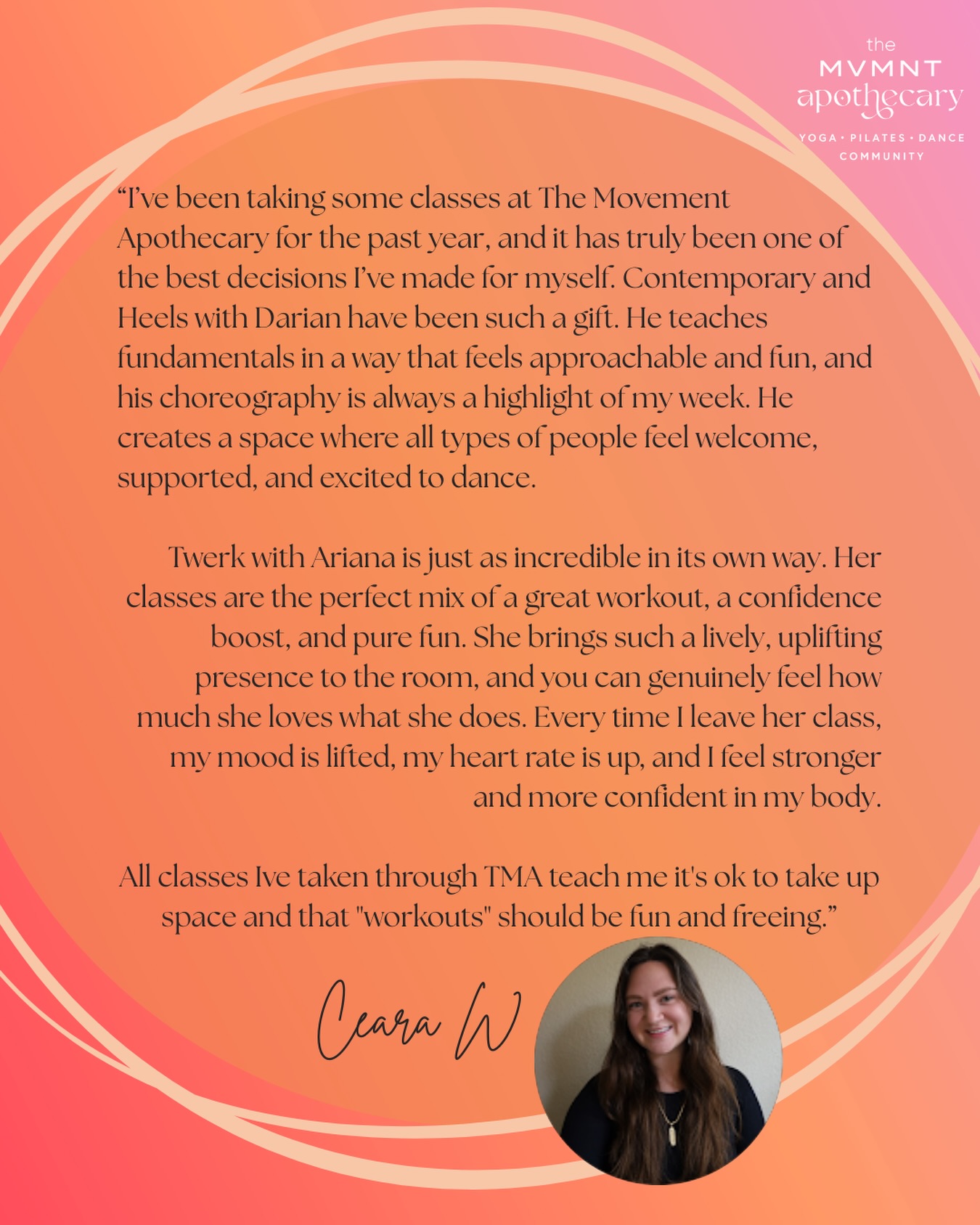 ✨Thank you so much for your review Ceara✨
It’s an honor to watch you grow and expand in your dance practice 🤍
“I’ve been taking some classes at The Movement Apothecary for the past year, and it has truly been one of the best decisions I’ve made for myself. Contemporary and Heels with Darian have been such a gift. He teaches fundamentals in a way that feels approachable and fun, and his choreography is always a highlight of my week. He creates a space where all types of people feel welcome, supported, and excited to dance.
Twerk with Ariana is just as incredible in its own way. Her classes are the perfect mix of a great workout, a confidence boost, and pure fun. She brings such a lively, uplifting presence to the room, and you can genuinely feel how much she loves what she does. Every time I leave her class, my mood is lifted, my heart rate is up, and I feel stronger and more confident in my body.
All classes Ive taken through TMA teach me it's ok to take up space and that "workouts" should be fun and freeing.”
#jointhemovement #dancefortcollins #fortcollinsdance