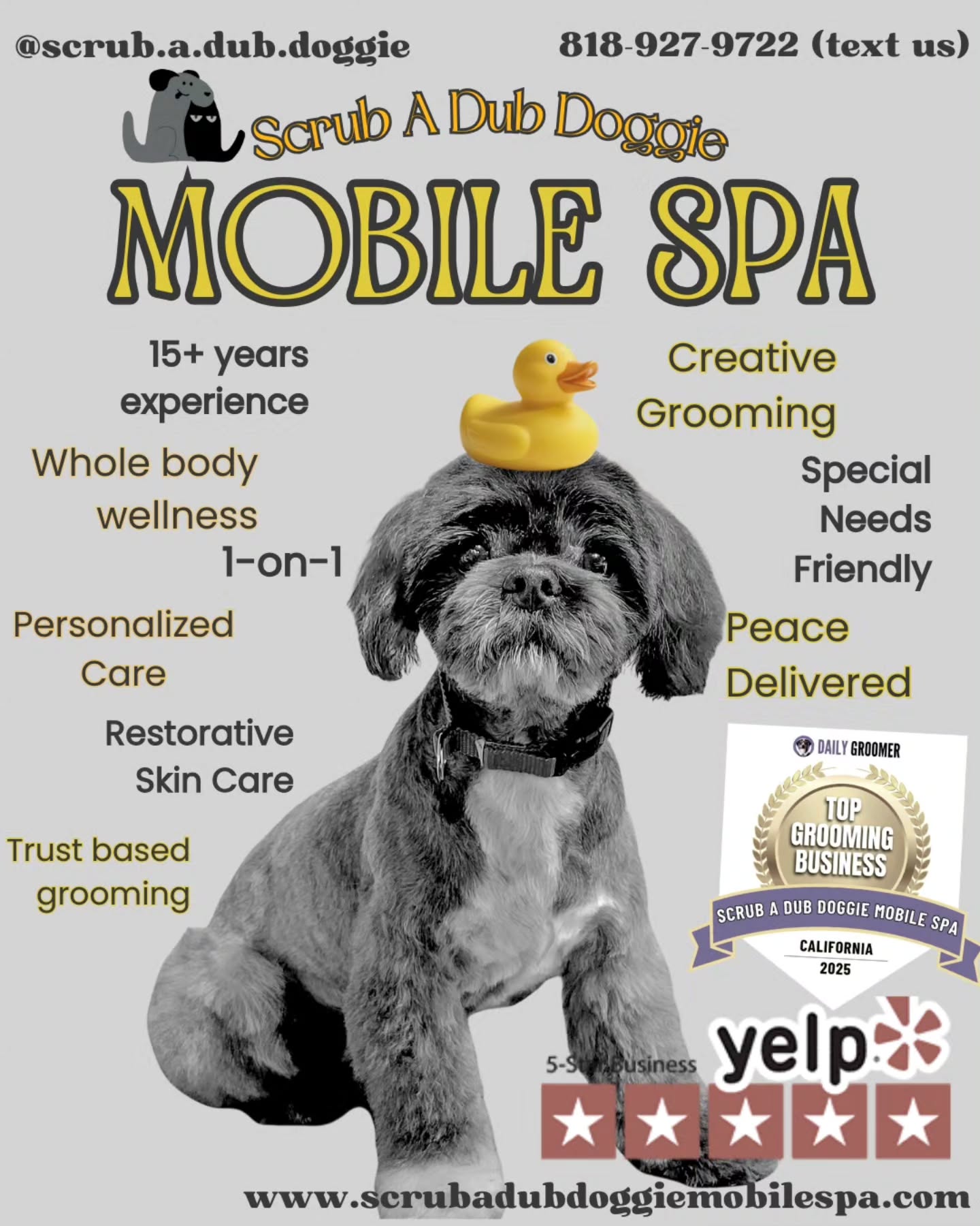 Scrub A Dub Doggie Mobile Spa brings 15+ years of experience straight to your doorstep, offering personalized 1-on-1, trust-based grooming with creative grooming options, restorative skin care, and a whole-body wellness approach—because peace is best when it’s delivered. We specialize in calm, individualized care that works with your dog, creating a safer, more supportive experience for seniors, sensitive pups, and every dog in between. It is more than just a spaw day!
Follow and keep up with us on Facebook, Instagram, and TikTok @scrub.a.dub.doggie, and text us for more information—texting helps ensure every pet receives the focused, individualized attention they deserve #mobilegroomingla #mobiledoggroomingsfv #chatsworthdogs #westhillsdogs #resedadogs