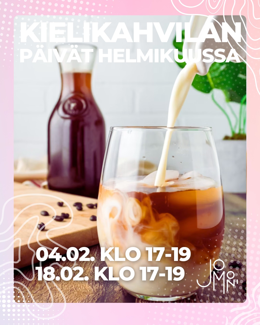 🇬🇧 In English below
🇫🇮 Kielikahvila käynnistyy jälleen helmikuussa! ☕🇫🇮
Tervetuloa harjoittelemaan suomea rennossa ja ystävällisessä ilmapiirissä 🌿
📍 Torikatu 9A, 2. krs
🕔 17:00–19:00
📅 Päivämäärät:
4.2.
18.2.
4.3.
25.3.
8.4.
22.4.
6.5.
27.5.
3.6.
10.6.
Avoin kaikille, maksuton toiminta. Tule mukaan juttelemaan ja tutustumaan uusiin ihmisiin! ✨
🇬🇧 Language Café starts again in February! ☕
Join us to practice Finnish in a relaxed and friendly atmosphere 🌿
📍 Torikatu 9A, 2nd floor
🕔 5:00–7:00 PM
📅 Dates:
February 4
February 18
March 4
March 25
April 8
April 22
May 6
May 27
June 3
June 10
Open for everyone, free of charge. Welcome to join the conversation! ✨
#kielikahvila #languagecafe #suomenkieli #integration #joensuu #pohjoiskarjala #jomoni