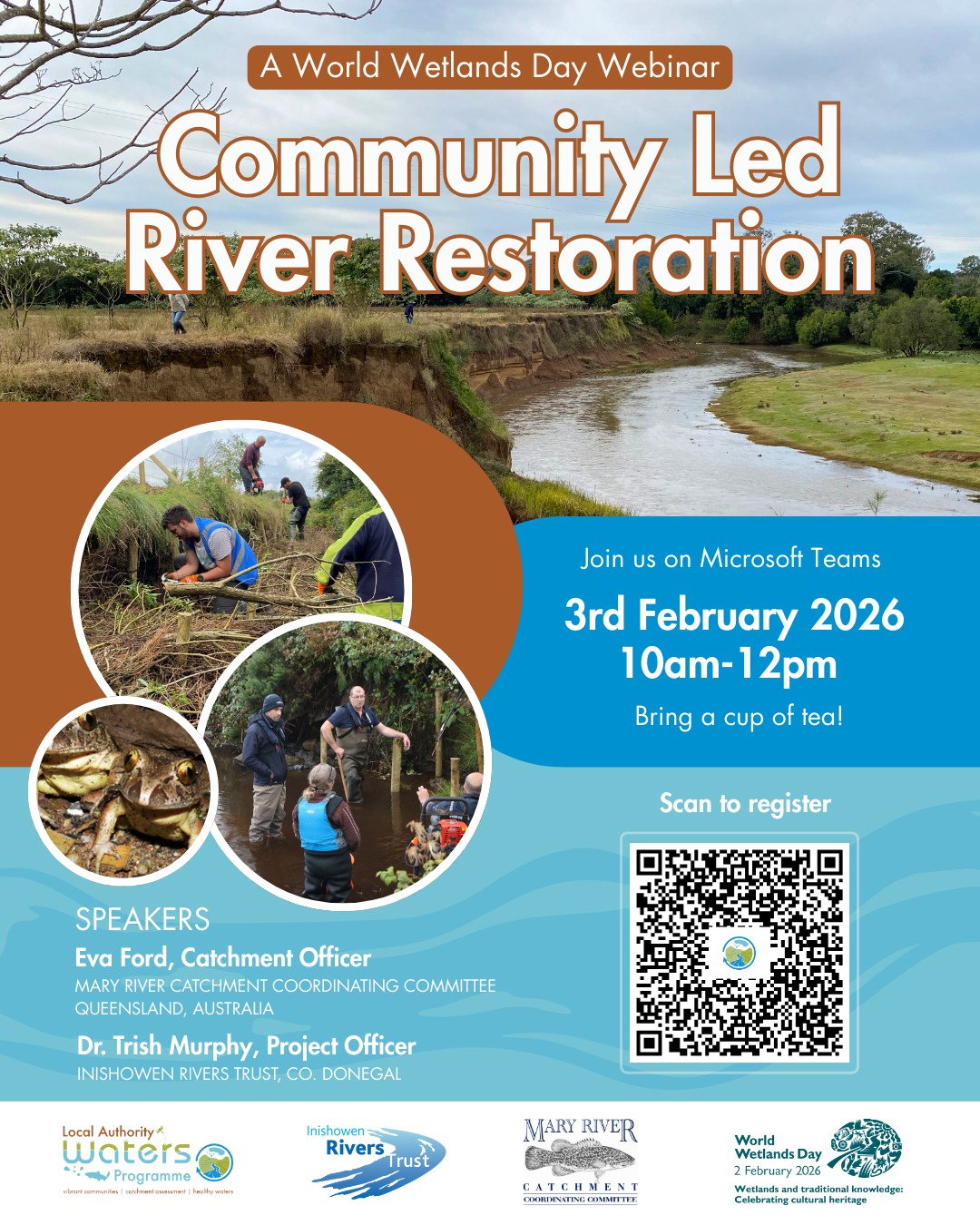 In honour of World Wetlands Day, our brilliant Donegal Regional Coordinator and Inishowen Rivers Trust IRT Project Officer, Dr. Trish Murphy, will be joining the conversation, exploring river rehabilitation, community action, accessing support, and building meaningful connections with local waterbodies at Local Authority Waters Programme Special WWD Webinar!
All are welcome! Register to join online on Tuesday, February 3, from 10am-12pm GMT.