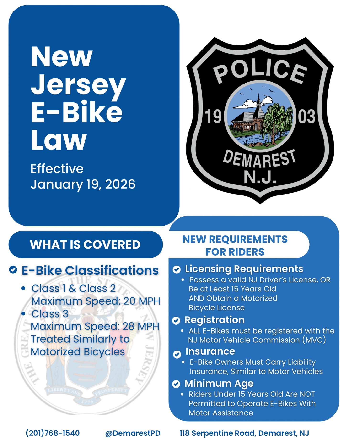 This law establishes licensing, registration, and insurance requirements and clarifies rules for both riders and motorists. The goal is to create consistent standards, reduce crashes, and promote safer shared road use. For the initial roll out of this law, l agencies will emphasize education and compliance rather than strict penalties under N.J.S.A. 39:4-14.16 - 39:4-14.17 in which violators are subject to a fine of $50. This educational phase will last approximately 6 months from the date the law was signed and voluntary compliance will be encouraged, and unsafe behaviors such as reckless riding and operating without a license or insurance will be addressed.