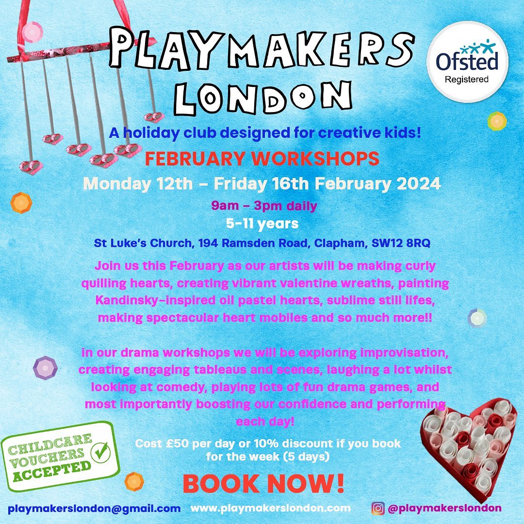 We are back!! 😍😍
We have such exciting activities planned for this Feb half term! Running from Monday 12th - Friday 16th February, 9am-3pm, daily at St Luke’s Church! £50 a day or 10% discount if you book for the week!
If you’d like to book a place drop me an email on playmakerslondon@gmail.com
See you there 🎉🎨🖌️🎭