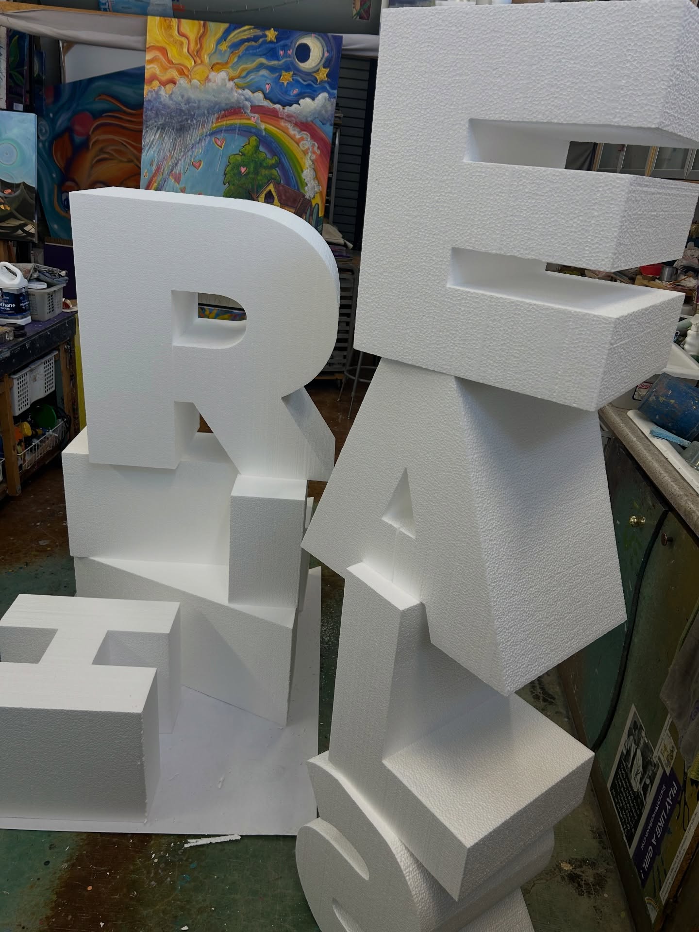 Fun stuff happening in the studio this week! I love that we get to make some of the craziest things. The smaller letters are 14 inches thick by 18 inches tall, the large ones are 28 inches tall. #ARTHeals #StyrofoamMadness.#ArtAndEnvironments #DreamBig.