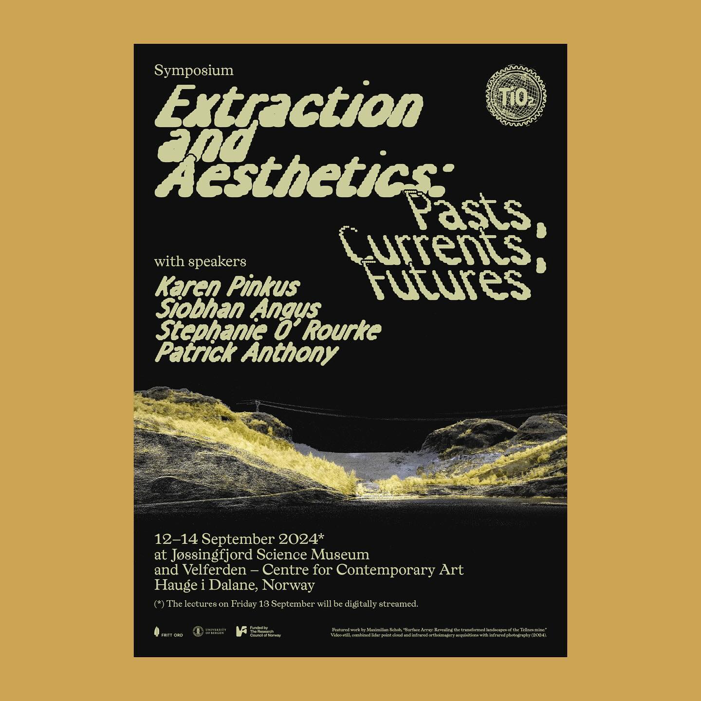 Welcome to the symposium «Extraction and Aesthetics: Pasts, Currents, Futures» at the Jøssingfjord Science Museum, 13-14 September. The symposium is organized by the TiO2 Project in collaboration with Velferden Center for Contemporary Art. The symposium is organized in connection to the research exhibition ‘Campaign!’ at Jøssingfjord Science Museum and the research exhibition ‘Hidden Stone’ at Velferden. The talks on Friday 13 September by Karen Pinkus, Siobhan Angus, Patrick Anthony, and Stephanie O’ Rourke will be digitally streamed, the Zoom-link is available on our website.
Visuals for the symposium are created by Maximilian Schob and shows the transformed landscapes of the Tellnes mine in Jøssingfjord. Poster design by @exutoire_